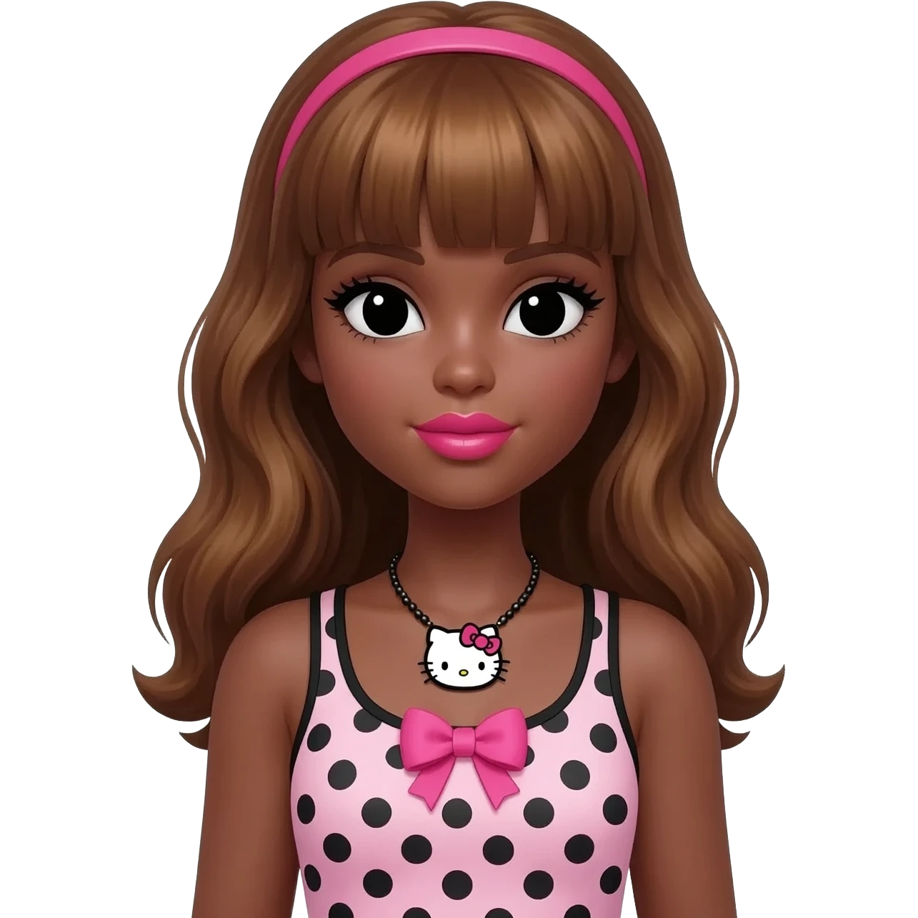 Doll faced shaped, hello kitty necklace, bimbo, black doll eyes, Big lips barbie, dark brown skin with honey brown hair, bimbocore outfit light pink and black polkadots tank top with designed pink bow on it emoji