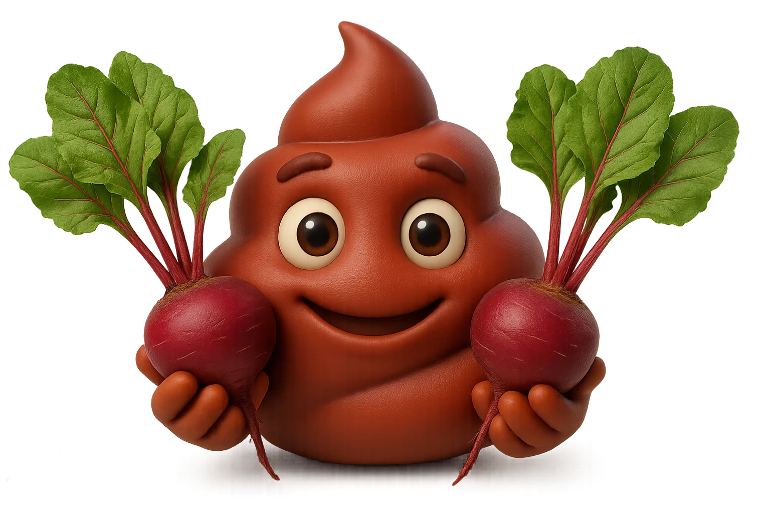 emoji stile iphone 3d di una cacca rossa con barbabietole in mano, iperrealistiche 4k emoji