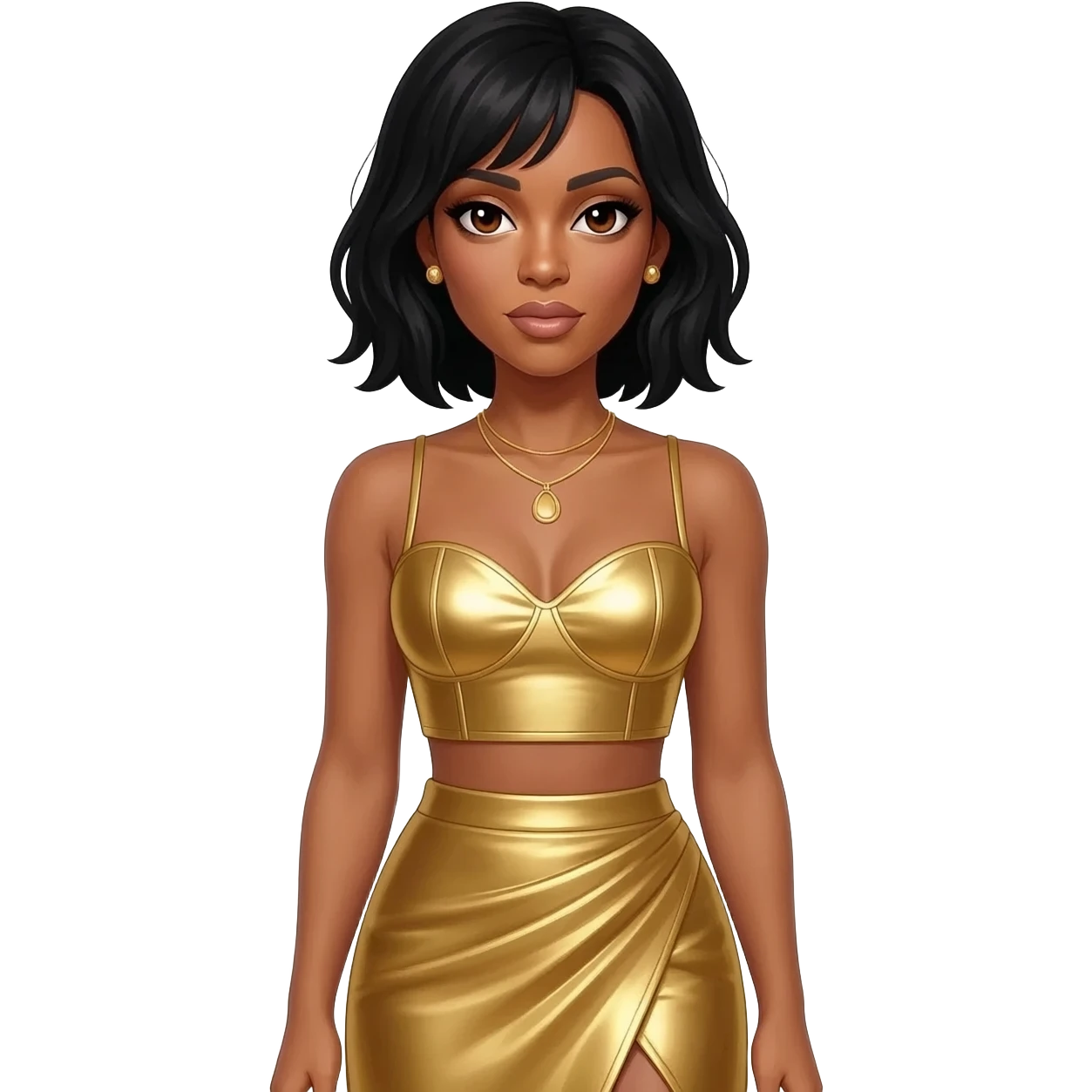 Kelly Rowland with dark brown eyes, black hair, gold metallic sweetheart crop top, gold metallic asymmetrical skirt, gold necklace and short earrings emoji