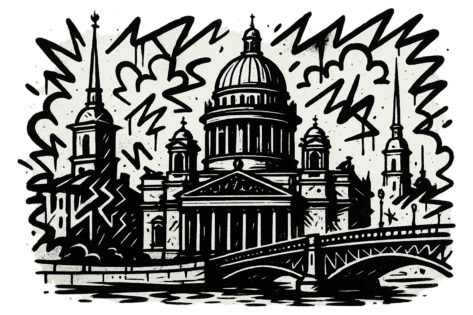 Сделай png рисунок Санкт-Петербурга в стиле граффити. Граффити черно-белое. Надписи не делай.  emoji