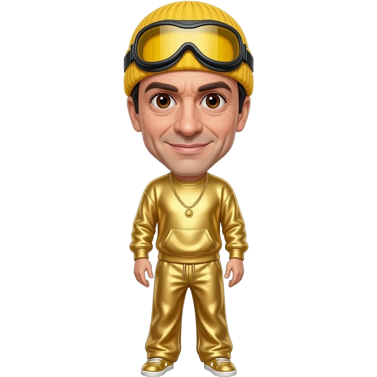 Sacha Baron Cohen with brown eyes, black short hair, yellow goggles, yellow beanie, gold metallic sweatshirt, gold metallic wide leg sweatpants, gold necklace emoji