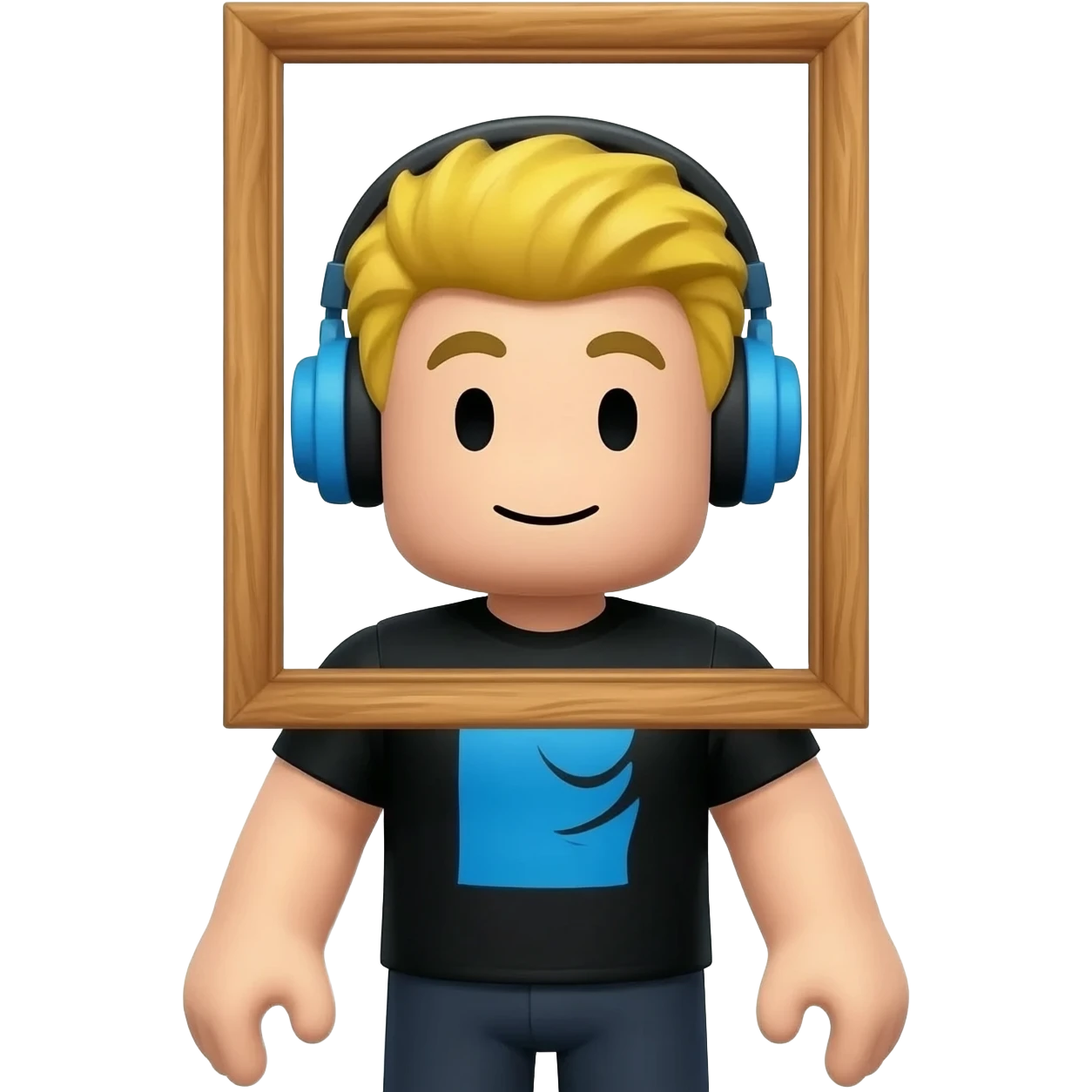 Funny Roblox avatar emoji, character with a wooden picture frame around the head, face inside a painting frame, blond hair with blue headphones, black shirt with blue design, dark pants, white hands, quirky and creative style, 3D cartoon emoji, cute gaming style, bright lighting emoji