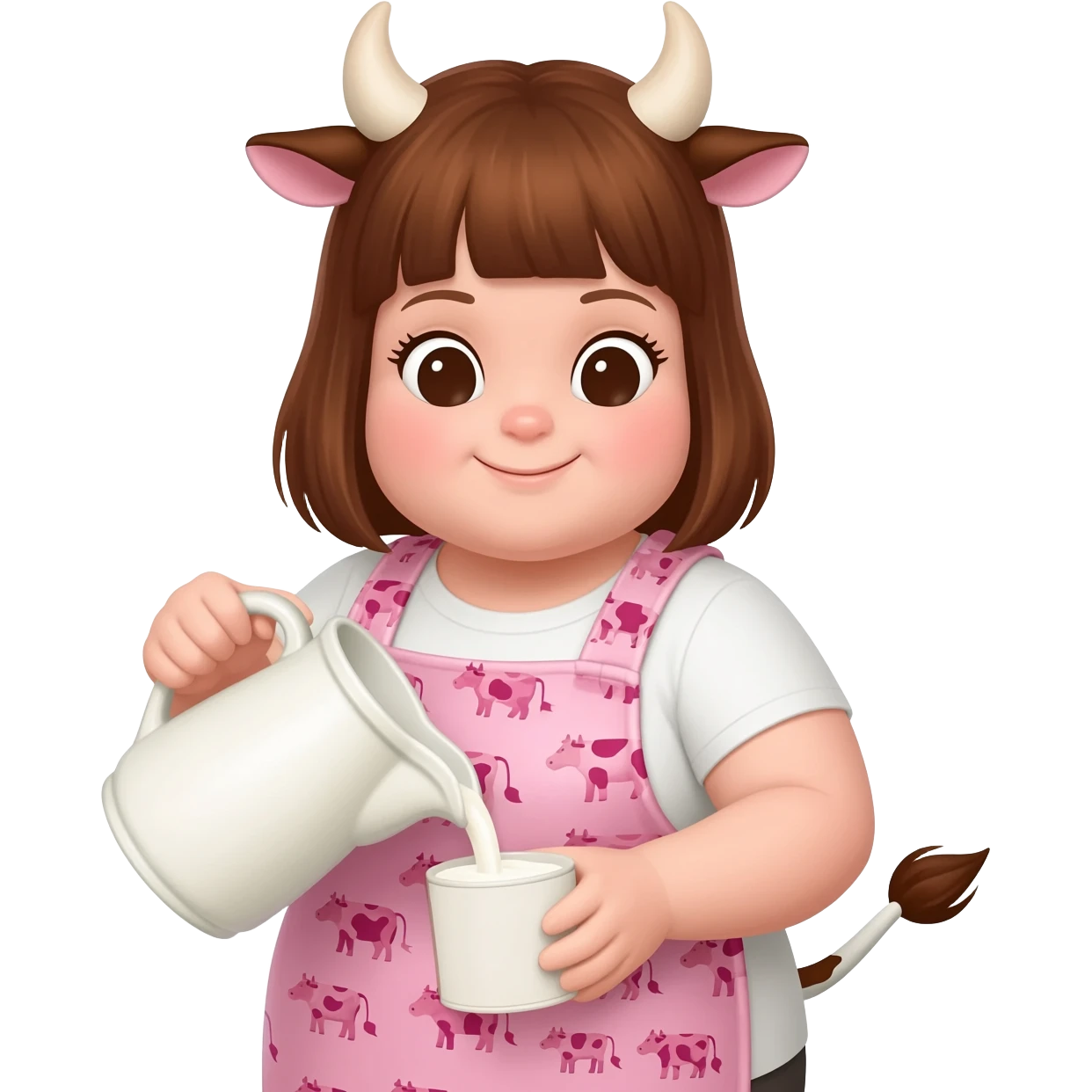 chubby pretty girl with cow horns and cow ears and cow tail in cute apron with pink cow print and ribbons pours milk emoji