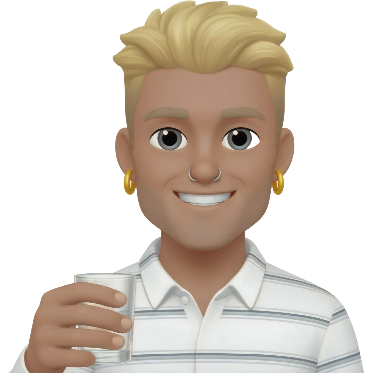 a blonde guy with septum horizontal stripe shirt and earings with a smile drinking a shot emoji