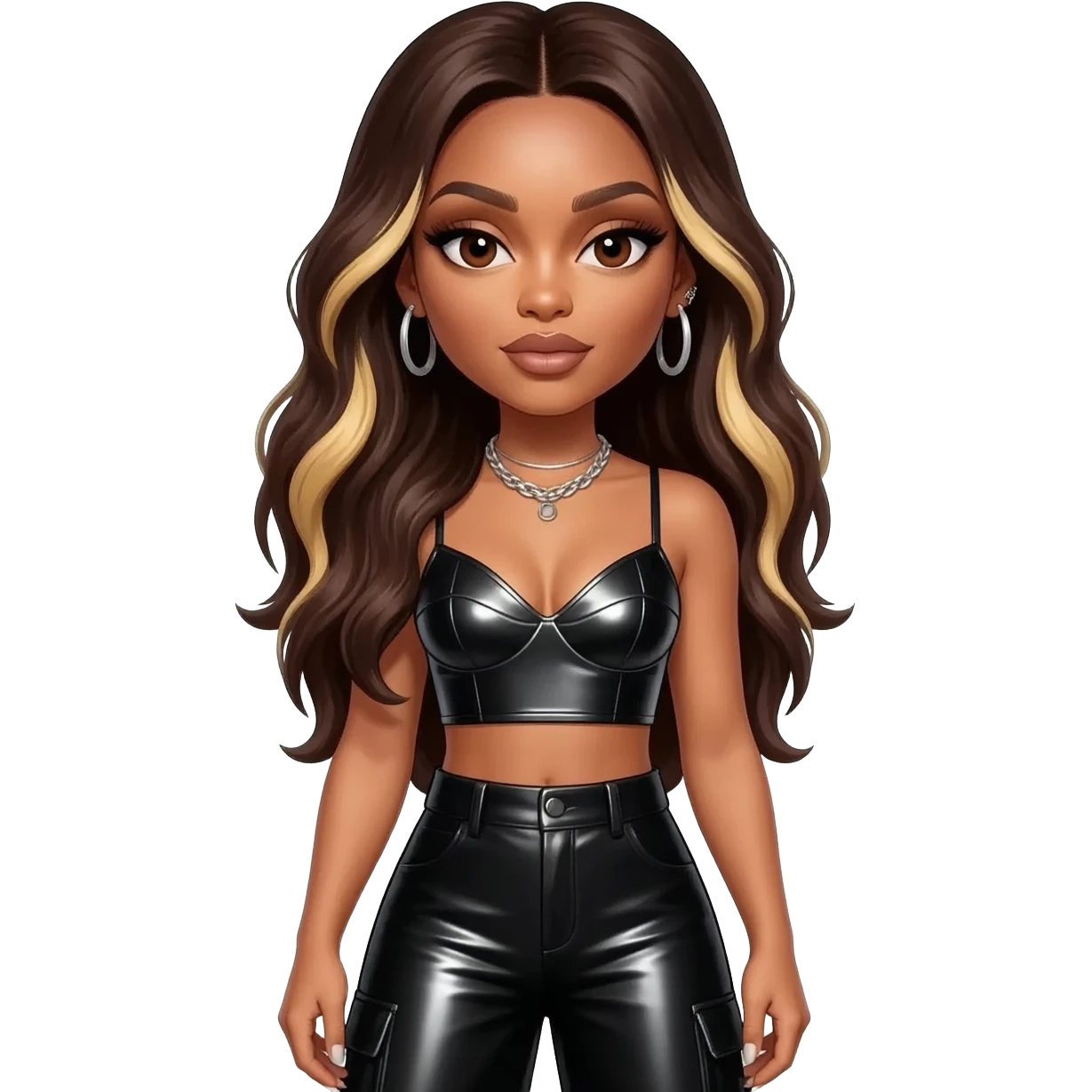 Ciara, R&B Singer with dark brown eyes, long dark brown hair with blonde highlights, black metallic mermaid crop top, black metallic wide leg pants, silver necklace and earrings emoji