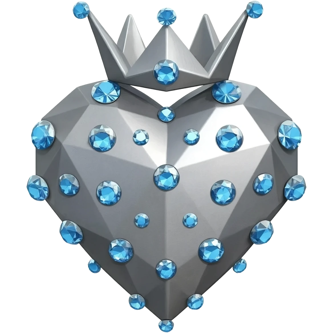 Minimalist 3D emoji based on image_e593fa.png: a large, sharp geometric heart made of cold, grey brushed steel. Integrated at the top is a severe geometric crown, densely set with small, sparkling light blue diamonds. Soft, even lighting, isolated on pure white background for sticker quality emoji