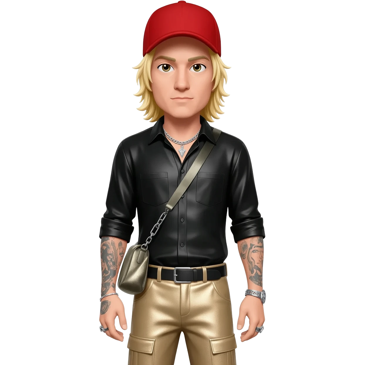 Fred Durst with blonde hair, red cap, black metallic shirt, beige metallic baggy pants, silver necklace emoji