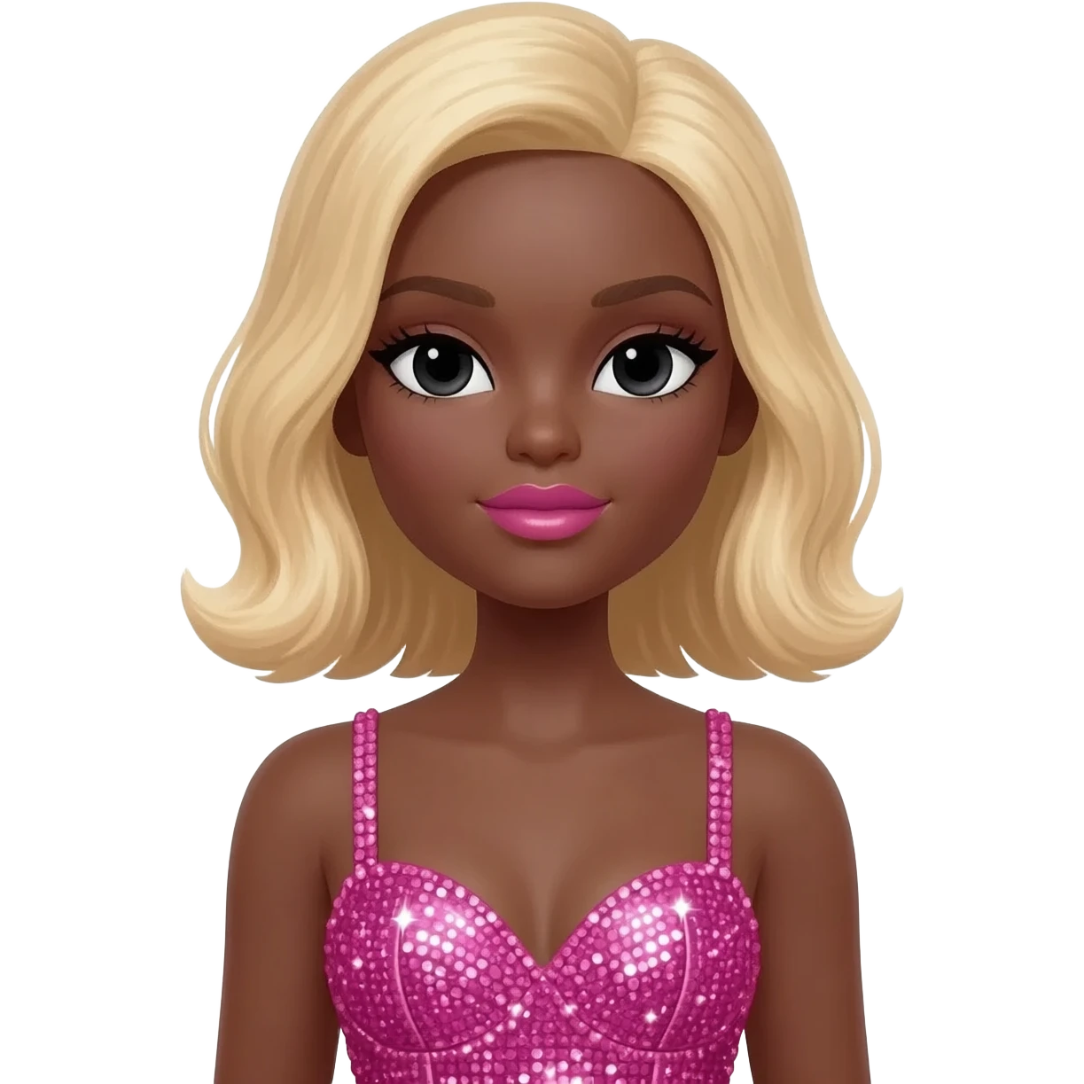 bimbo, black doll eyes, Big lips barbie, dark brown skin with blonde hair, bimbocore outfit emoji