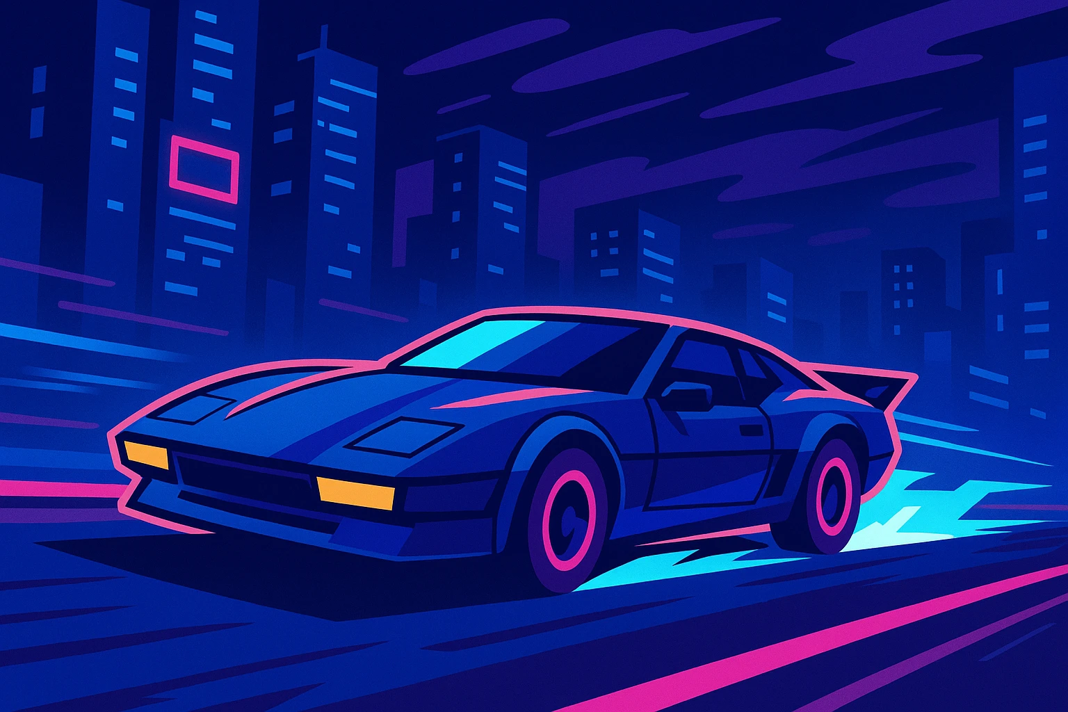 a futuristic car speeding lightning fast on a city road, neon lights, sci-fi atmosphere, blue and purple shades emoji