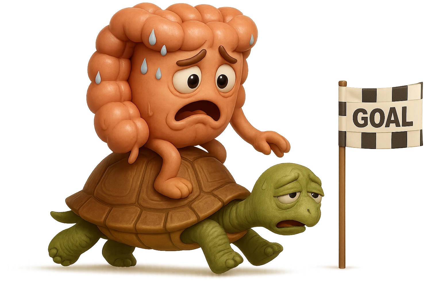  EMOJI STILE IPHONE 3D DI UN INTESTINO CON ESPRESSIONE ANGOSCIATA CHE CAMMINA SEDUTO IN GROPPA SUL GUSCIO DI UNA TARTARUGA IN ATTESA ESTENUANTE DI RAGGIUNGERE UN TRAGUARDO POCO PIù AVANTI, SULLA LORO DESTRA. IL TRAGUARDO è UNA BANDIERA A DUE PIEDI CON FASCIA A SCACCHI BIANCHI E NERI. iperrealistico 4k emoji