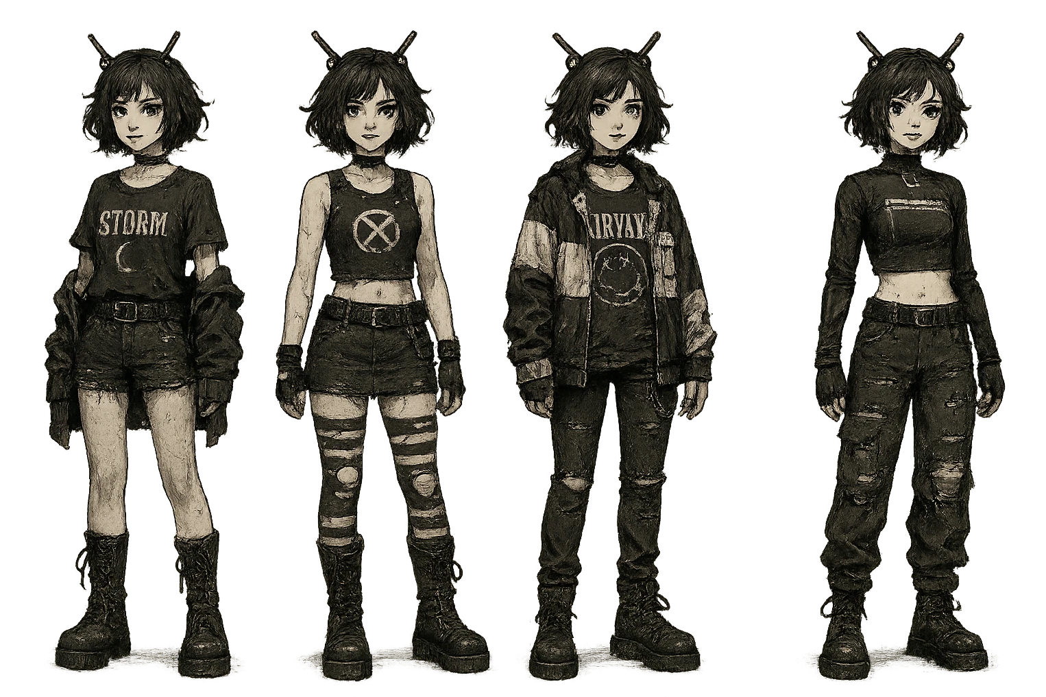 outfit designs for a VTUBER OC. The style is mixed 90's grunge, punk, lots of black and white in the color scheme, futuristic aesthetic. Clothing has small rips and tears from wear, logos and designs are faded. Garage, Shoegaze, postmodern style. character design concept art outfits for a female emoji