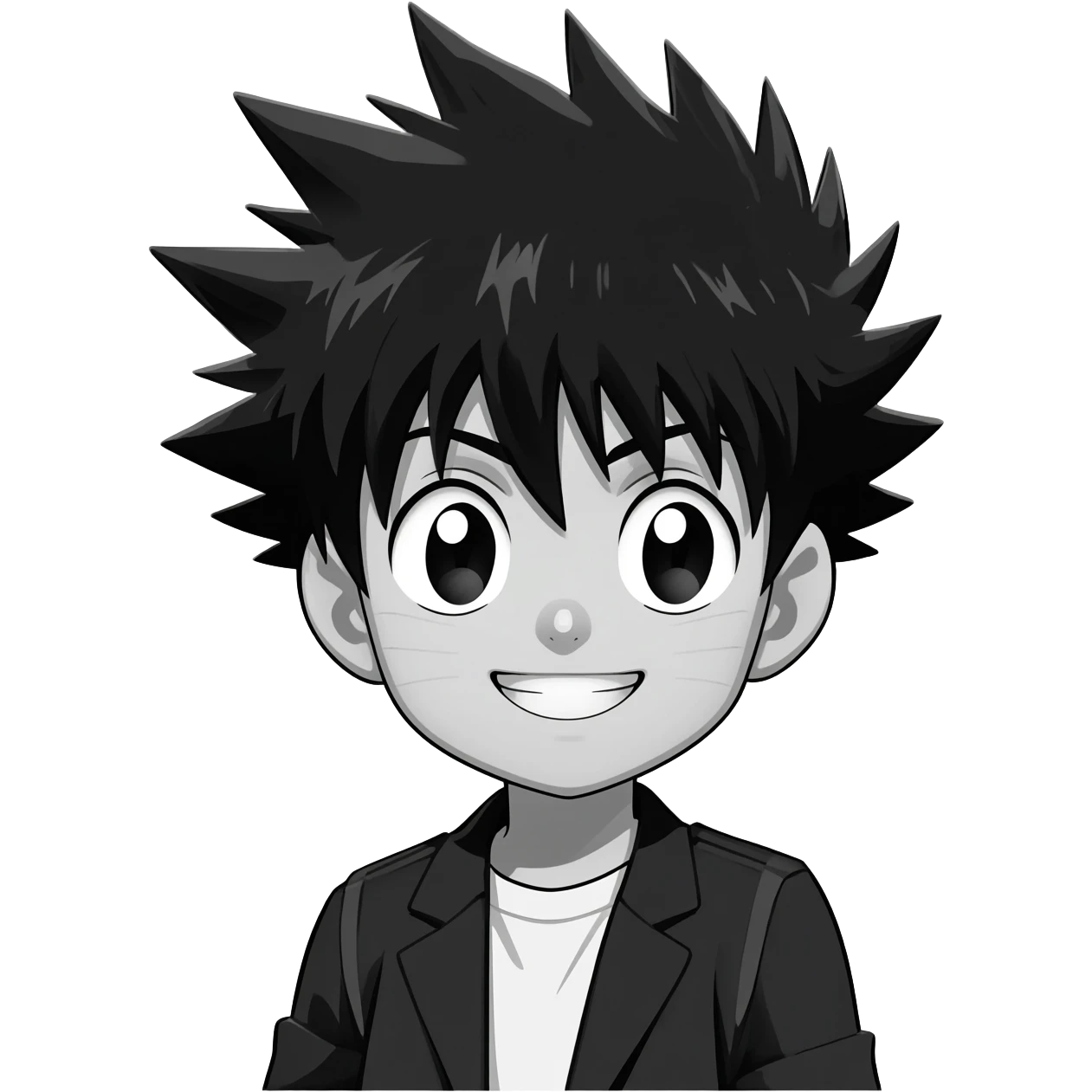 generate a white and black hunter x hunter killua happy smail with a transparent background emoji
