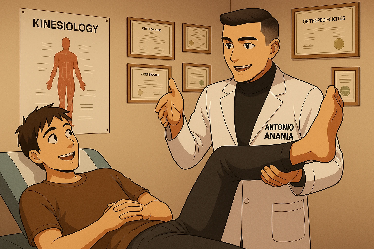 su questo lettino rappresenta un webtoon manga a colori con questo stile, in cui un uomo è steso sul lettino medico e il kinesiologo con il camice bianco (fagli anche la scritta "ANTONIO ANANIA" SUL CAMICE, gli solleva una gamba per fargli il test neuromuscolare, IL KINESIOLOGO SPIEGA ALL'UOMO UNA cosa mentre gli alza la gamba. l'espressione dell'uomo è felice e soddisfatta, non fare i fumetti però, fai solo in modo che sembri stiano parlando emoji