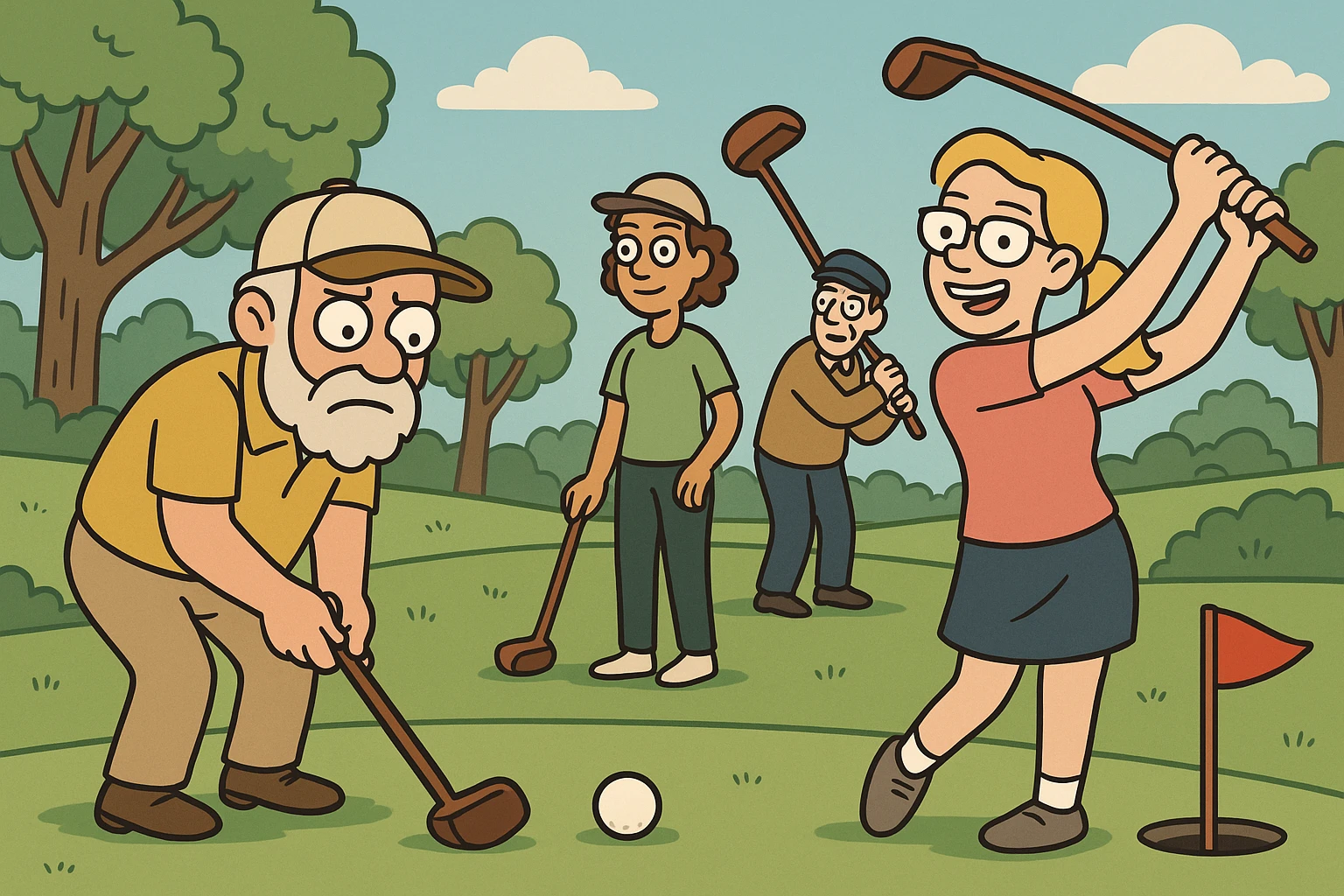 cartoon style park golf scene with players emoji