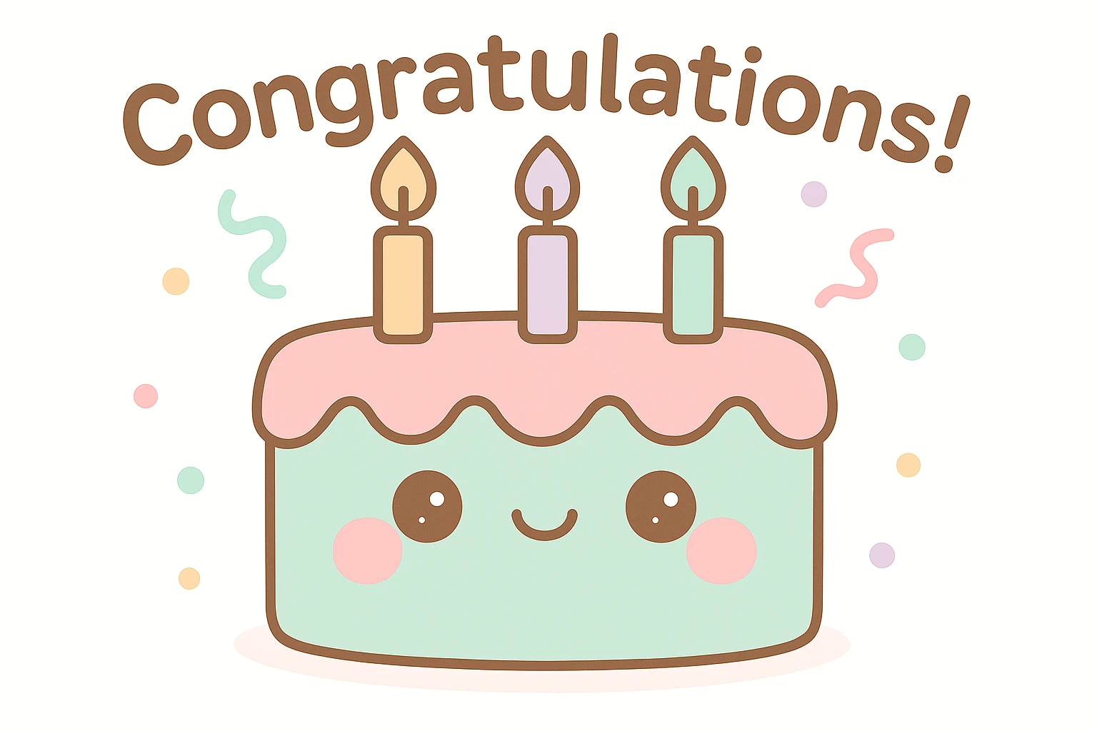 Add the text 'Congratulations!' in a cute, bubbly font above the cake, matching the kawaii style. emoji