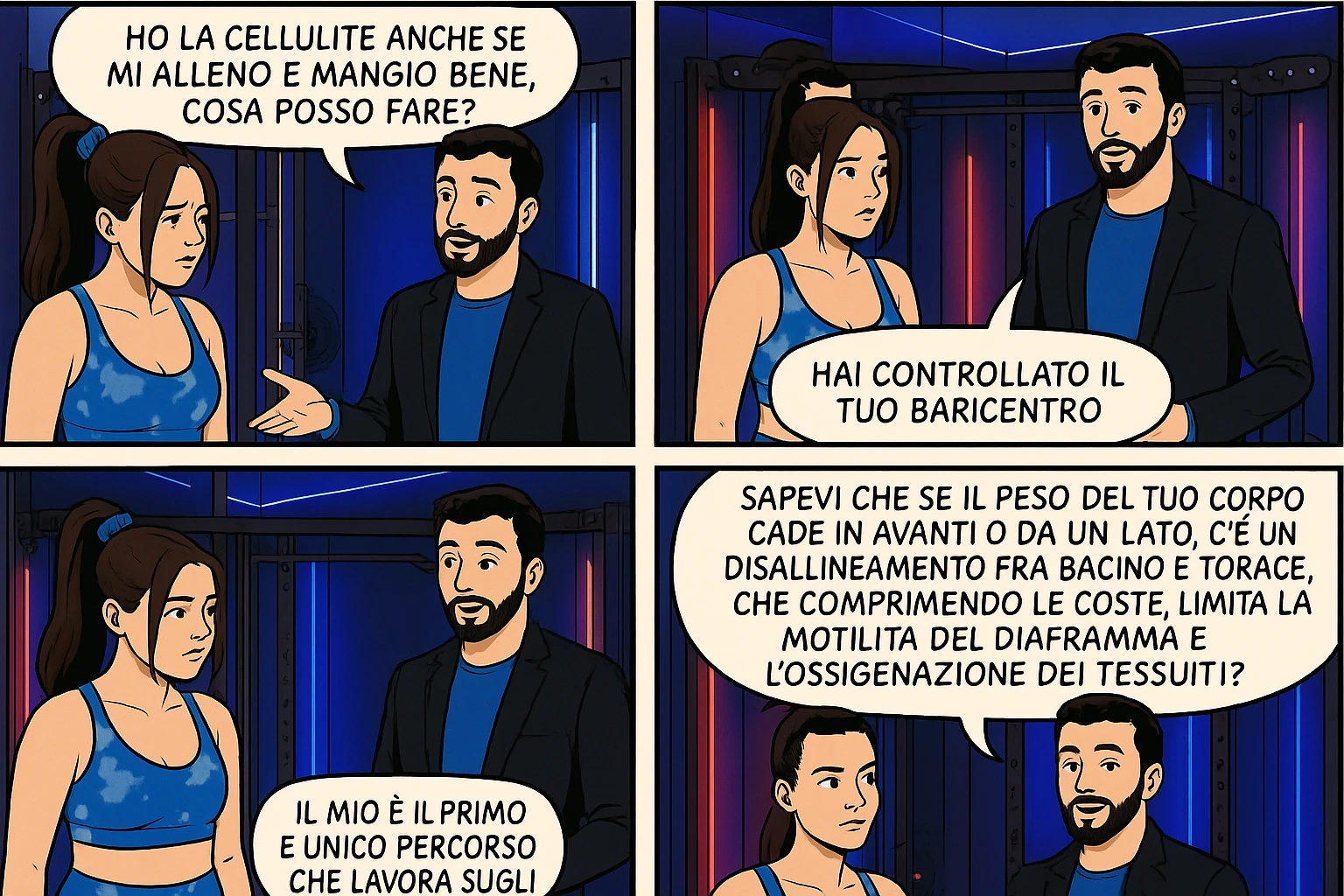 TRASFORMA QUESTO CAROSELLO IN UN FUMETTO CON QUESTE DUE PERSONE IDENTICHE CHE INTERLOQUISCONO TRA LORO:

LEI: Ho la cellulite anche se mi alleno e mangio bene, cosa posso fare?

LUI: Hai controllato il tuo baricentro corporeo?
Sapevi che se il peso del tuo corpo cade in avanti o da un lato, c’è un disallineamento fra bacino e torace, che comprimendo le coste, limita la motilità del diaframma e l’ossigenazione dei tessuti?
Il mio è il primo e unico percorso che lavora sugli inestetismi con un lavoro mirato sul baricentro corporeo. emoji