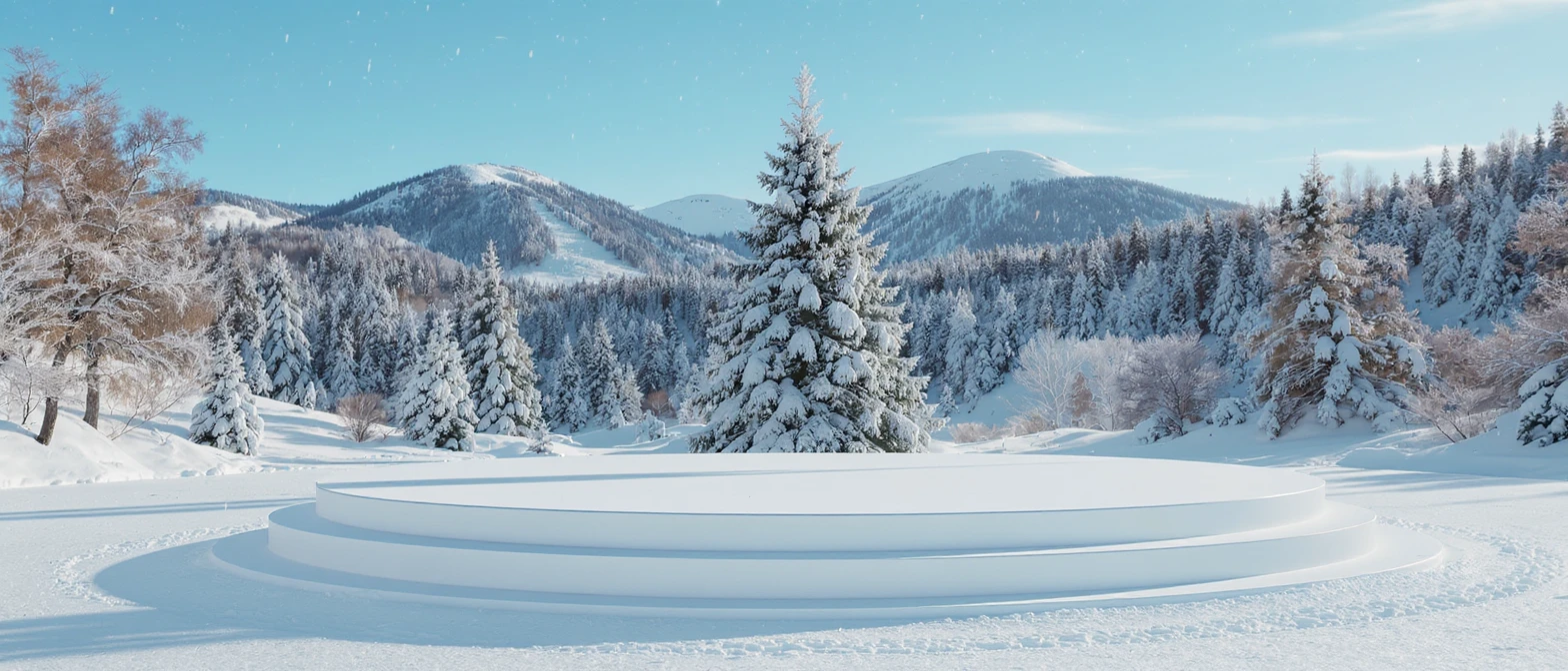 Cinematic still of a winter landcape, sunny day, white circle stage on middle, snowy,christmas tree in snow, in background we can see beautifull snowy landscape, soft light, symmetrical, day, captured on arri alexa --no curtains emoji