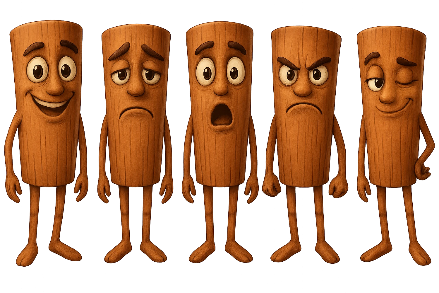 Create five versions of this cinnamon stick character with different expressions: happy, sad, surprised, angry, and flirty. Maintain the cinnamon stick character style and details. Transparent background. emoji