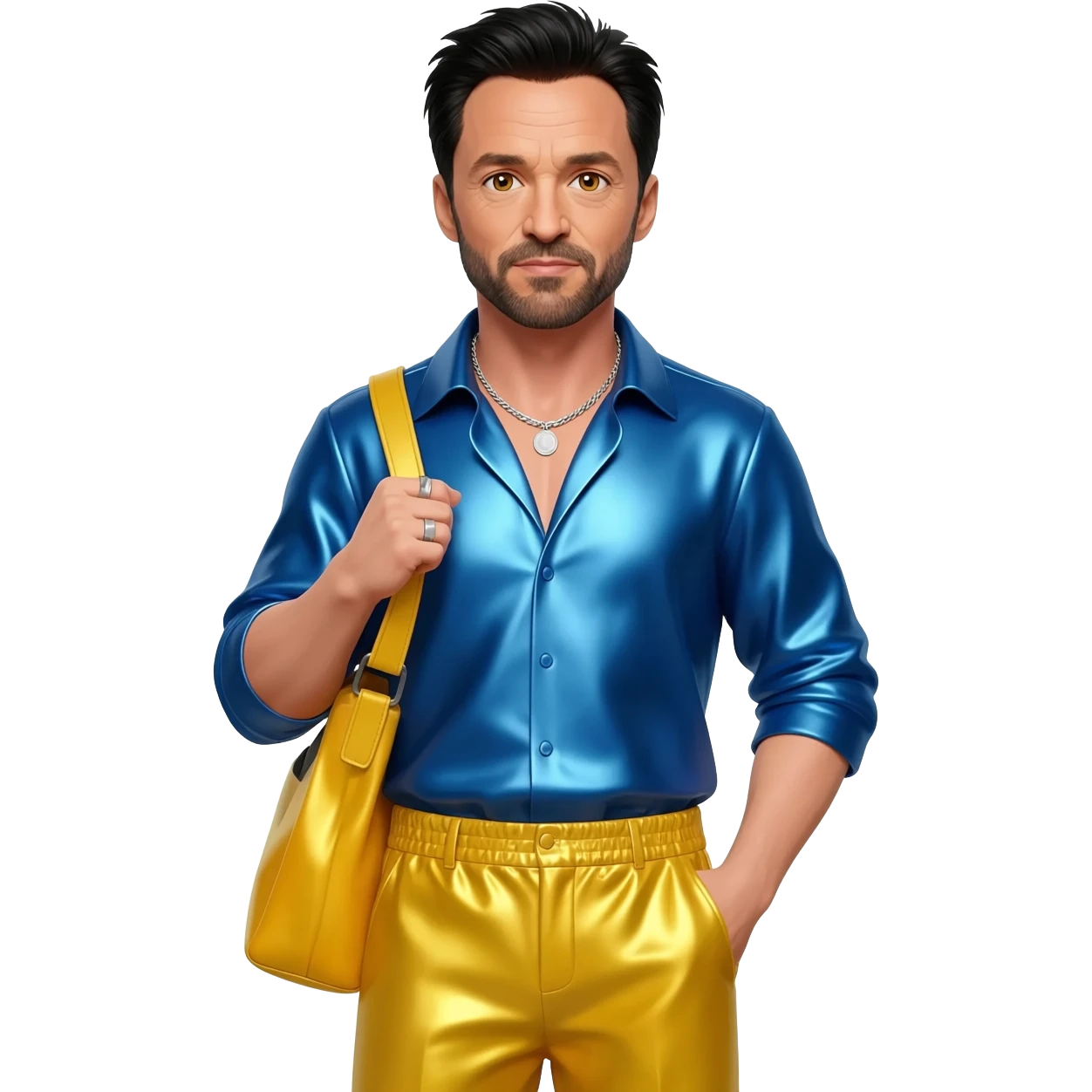 Hugh Jackman with hazel eyes, black hair, periwinkle blue metallic shirt, yellow metallic baggy pants, silver necklace emoji