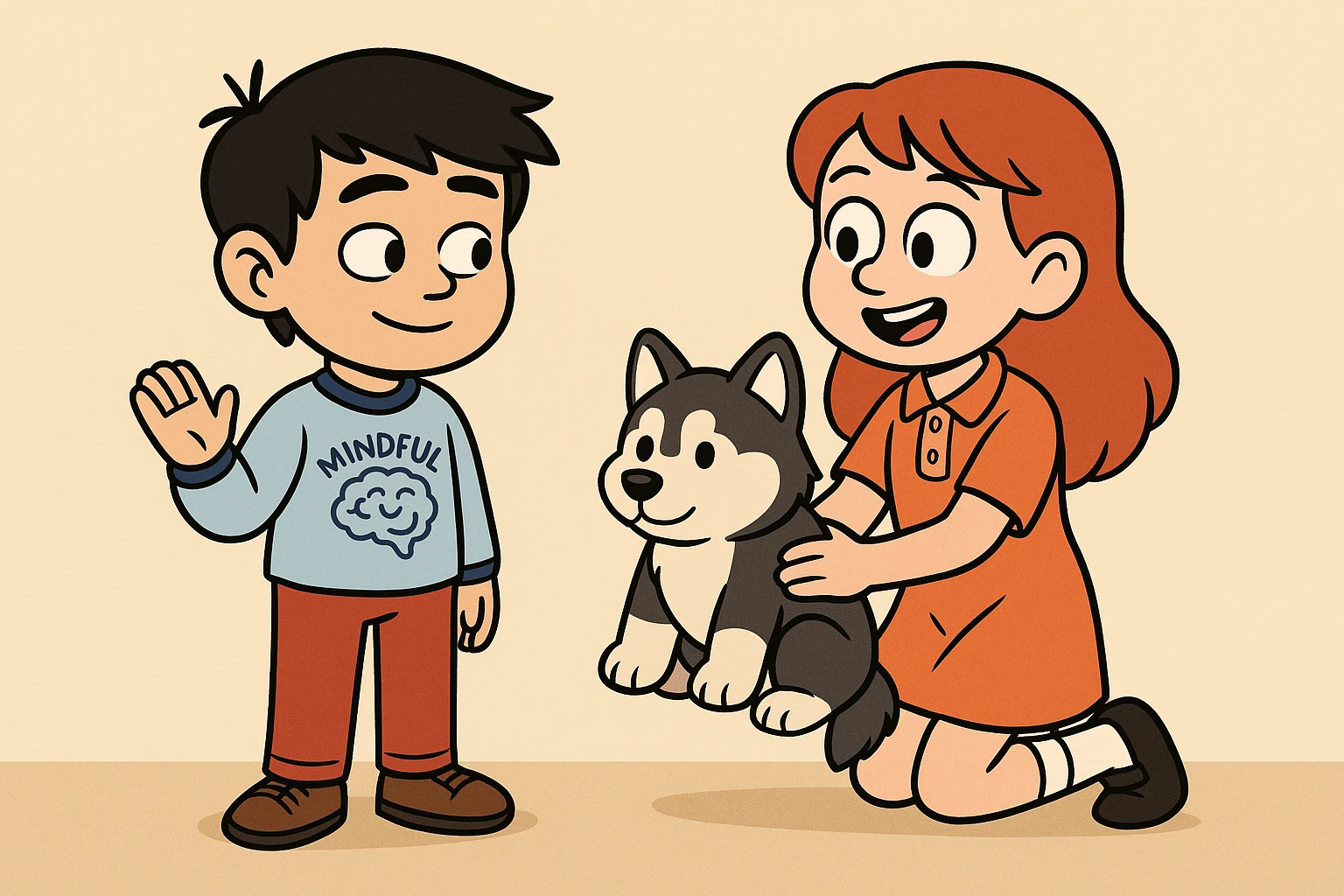 A boy Mindful Blue Original Long Sleeve T blue jeans brown shoe Chinese boy black hair Ringer T White Navy red trousers black shoe Siberian Girl red hair Orange Pro polo dress with socks black loafer a shoe Husky plushie  emoji