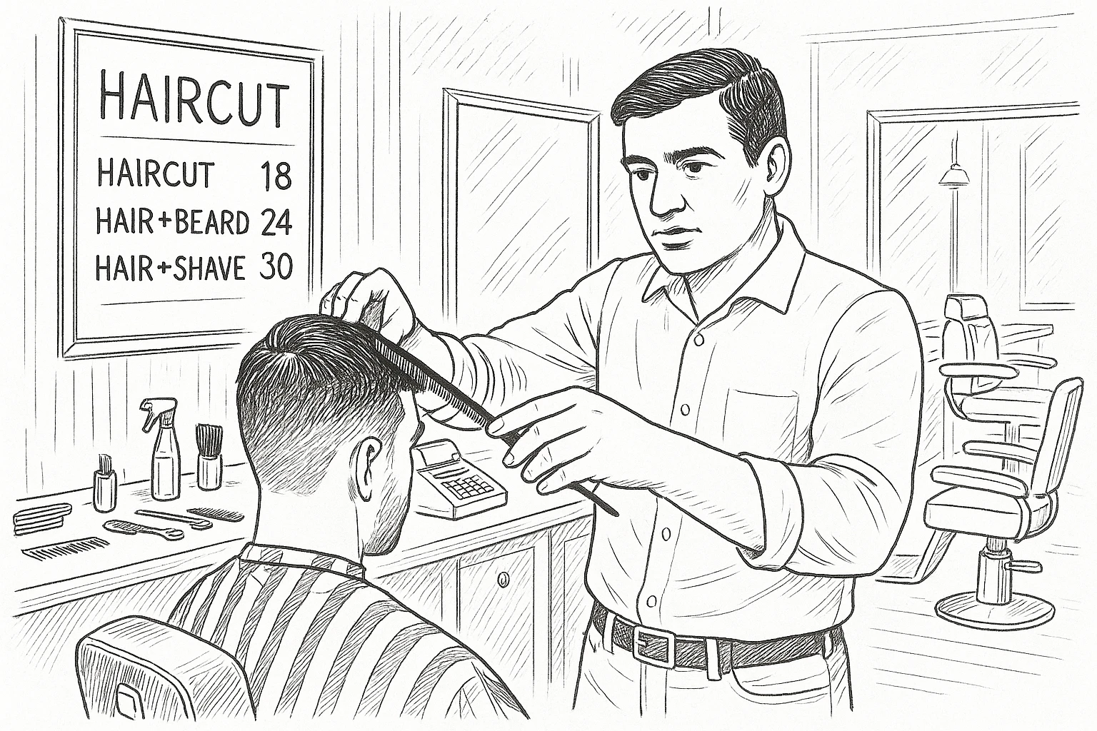 Draw me a sketch of the barbershop, but make sure there's a cash register there. emoji