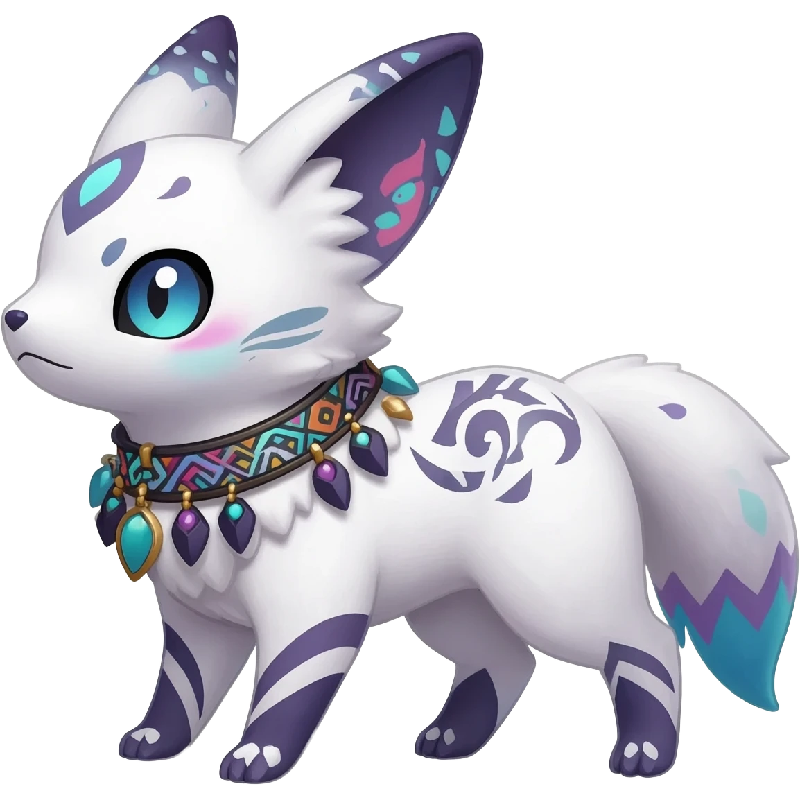 Rare white exotic cute epic aesthetic gothic colorful Salandit-Litten-Furfrou-Sylveon-Civet-species-Fakemon-hybrid-creature, with a collar, and with intricate tribal markings, full body emoji