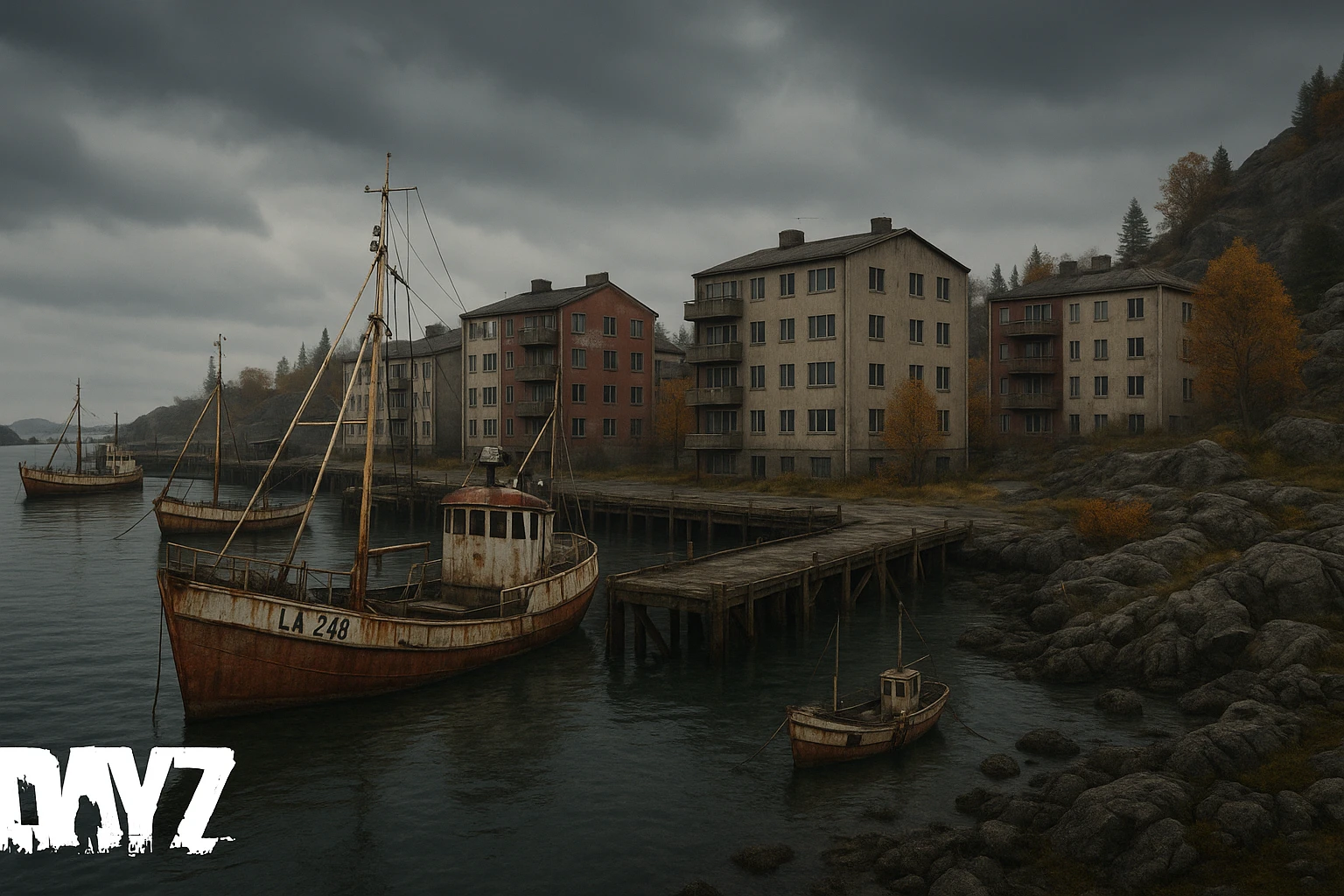 a screenshot of the game DayZ videogame, the harbor in a Norwegian port town, apartment blocks emoji