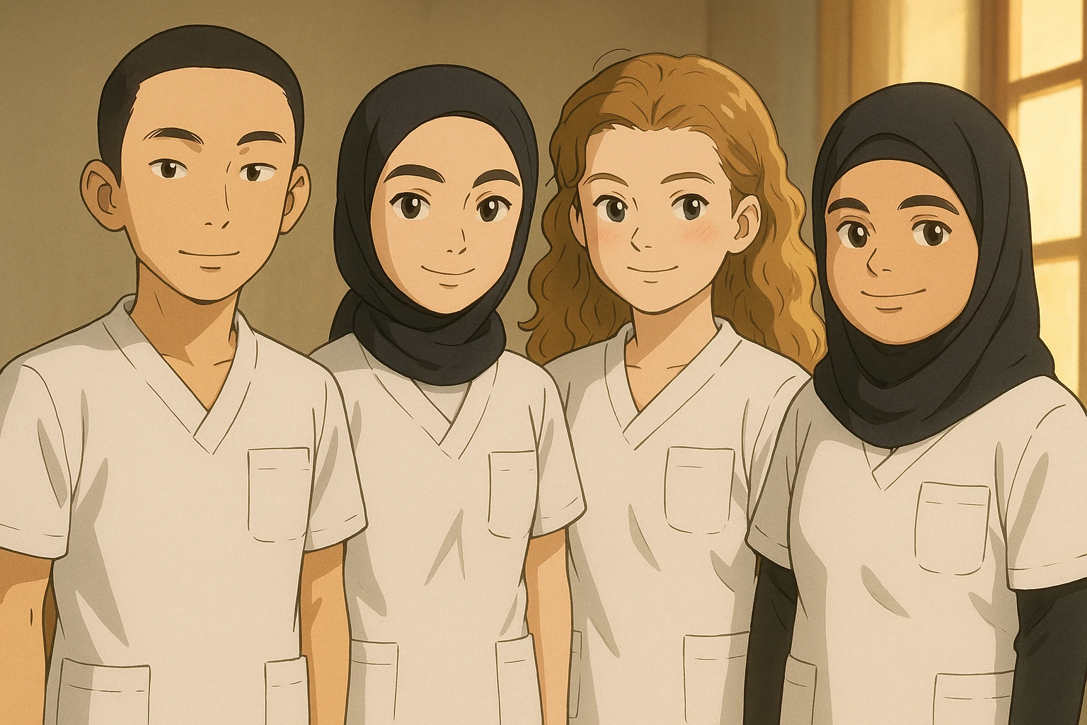 Four nursing students standing side by side indoors, each wearing a white short-sleeved uniform with a V-neck medical tunic, left chest pocket, no collar stand, no stethoscope, nothing protruding from the short sleeves, warm ambiance, no feet visible, in Ghibli style. emoji