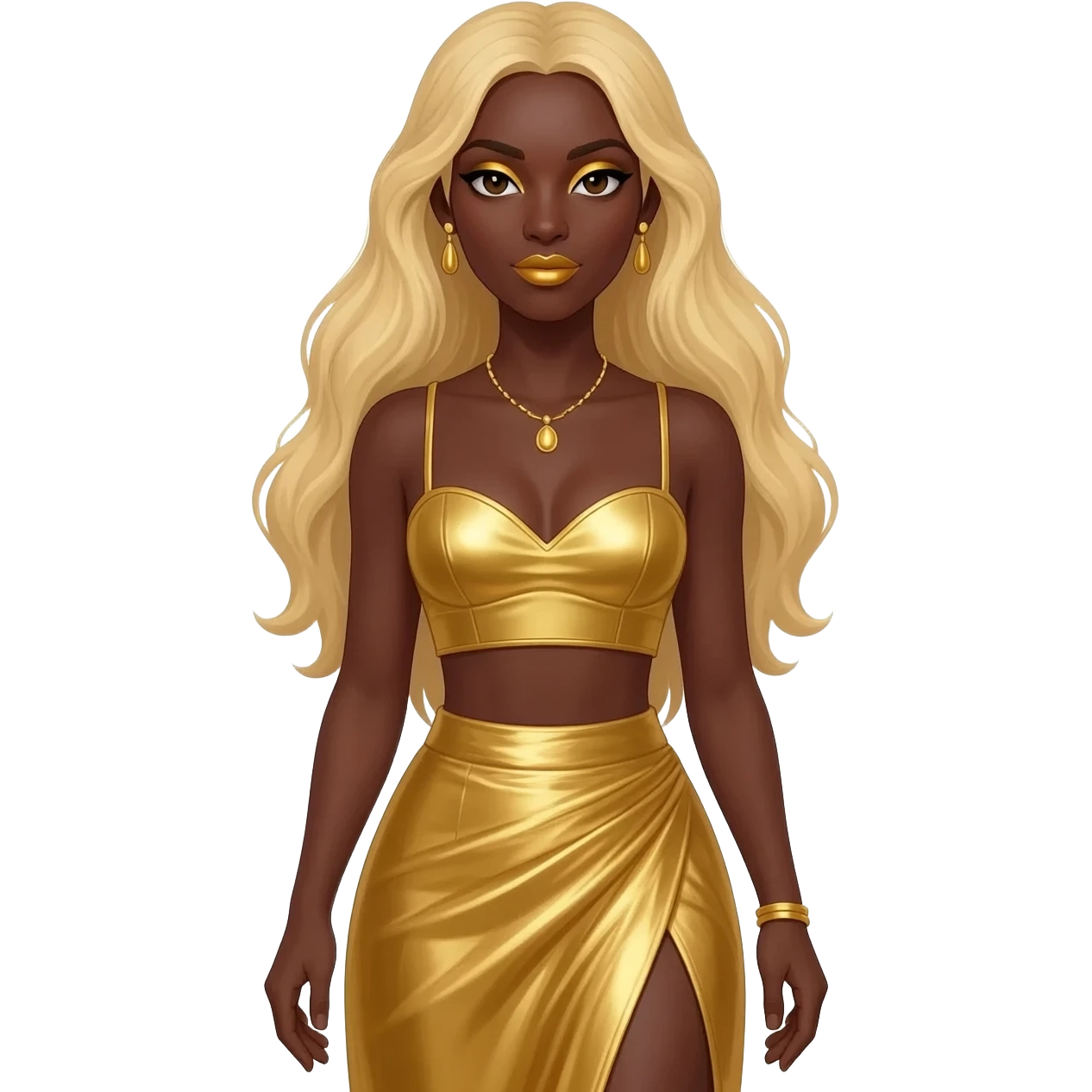 The Queen of Sheba with dark skin, dark brown eyes, long blonde hair, gold eyeshadow and lipstick, gold metallic sweetheart crop top, gold metallic long asymmetrical skirts, gold necklace and earrings emoji