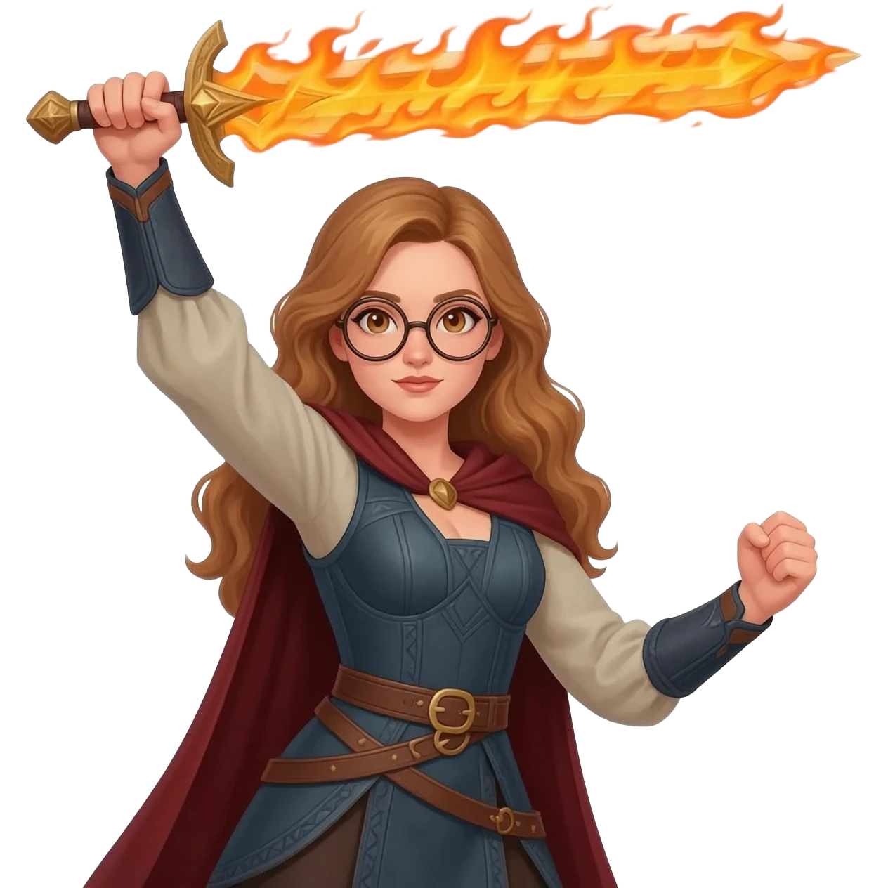 detailed emoji illustration of a woman with long light brown wavy hair and light brown eyes wearing round glasses, raising a flaming sword above her head, heroic fantasy pose, emoji style emoji