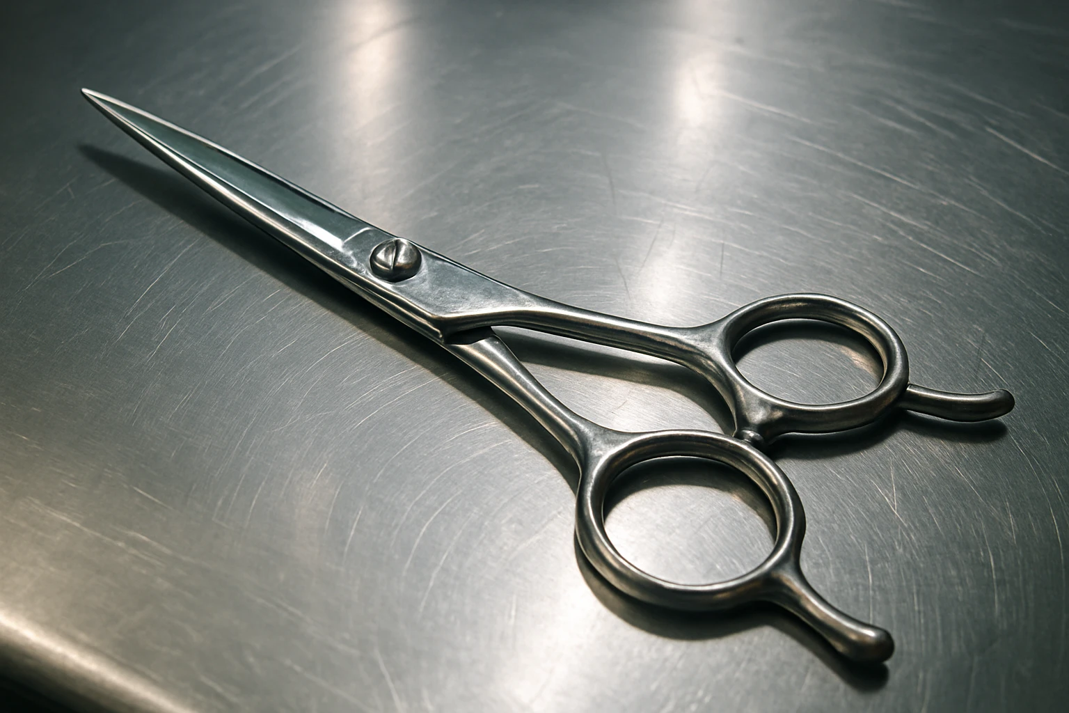 A set of professional barber scissors lies on a stainless steel workbench, gleaming under the bright lights. The blades are sharp and precise, with smooth handles showing signs of frequent use, ready for the next cut emoji