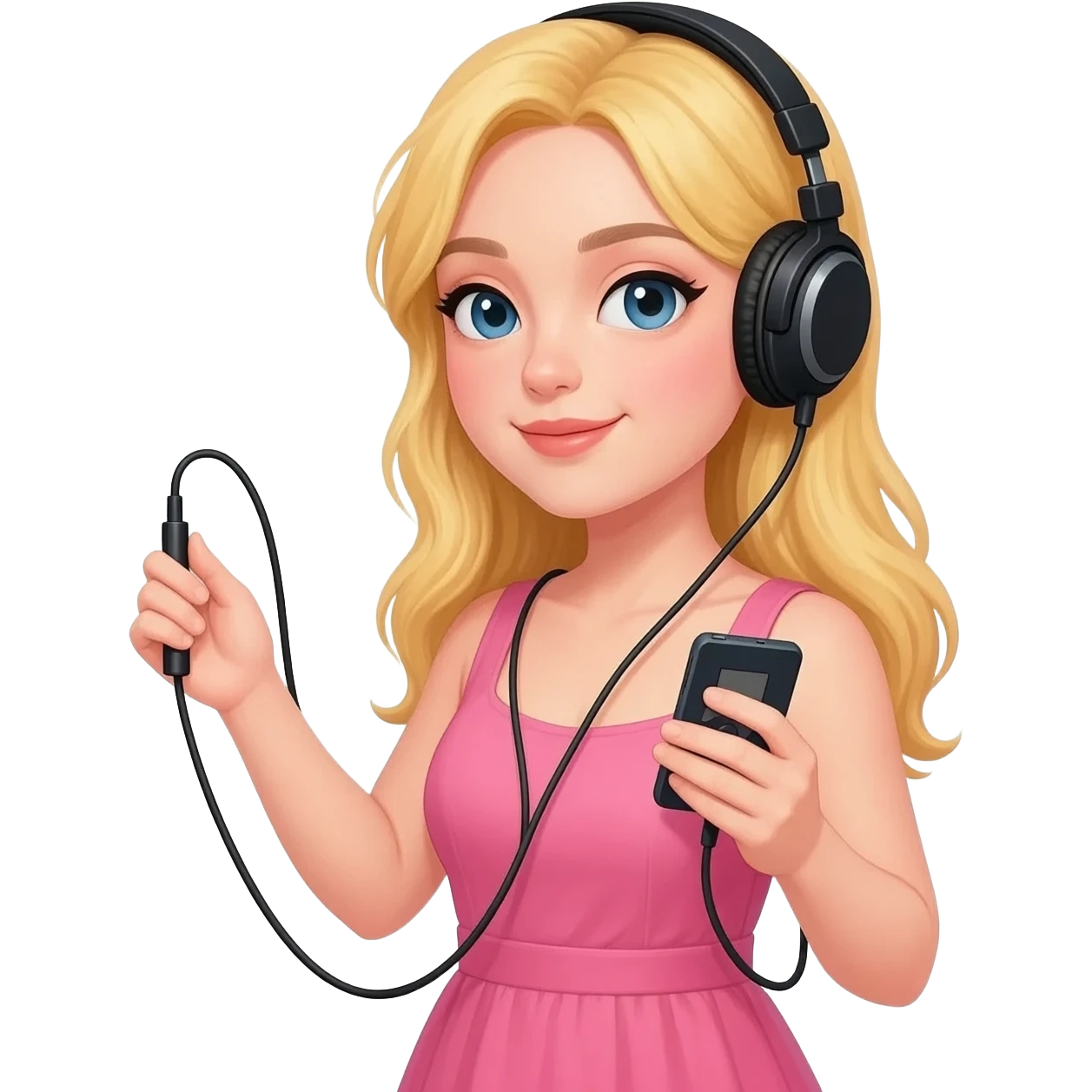 girl blonde long hair in pink dress listen to music rock and roll on black headphones with mp3 player and hold on headphones on head with right hand emoji