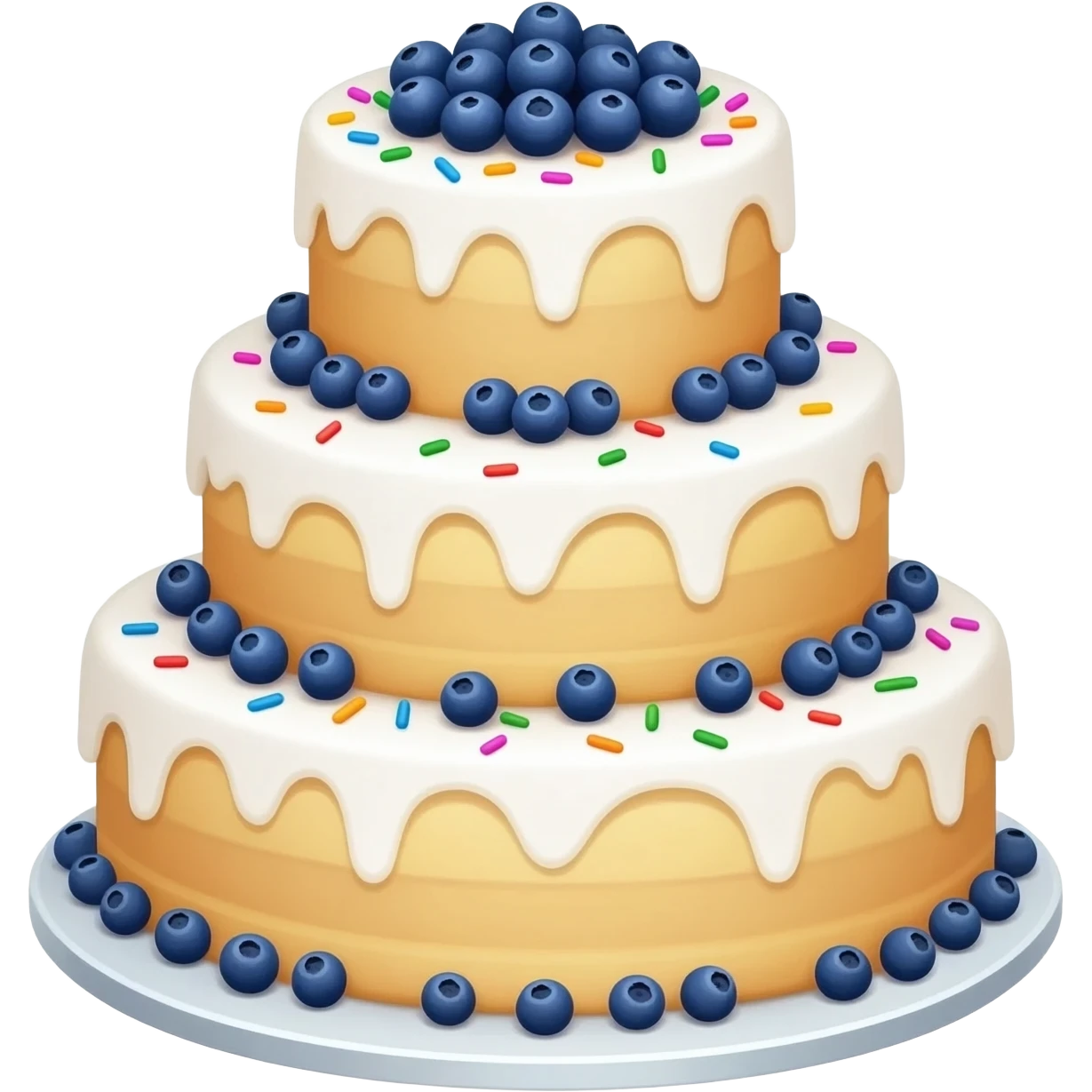 tiered elegant white wedding cake decorated with fresh blueberries and rainbow sprinkles and white ganache frosting emoji