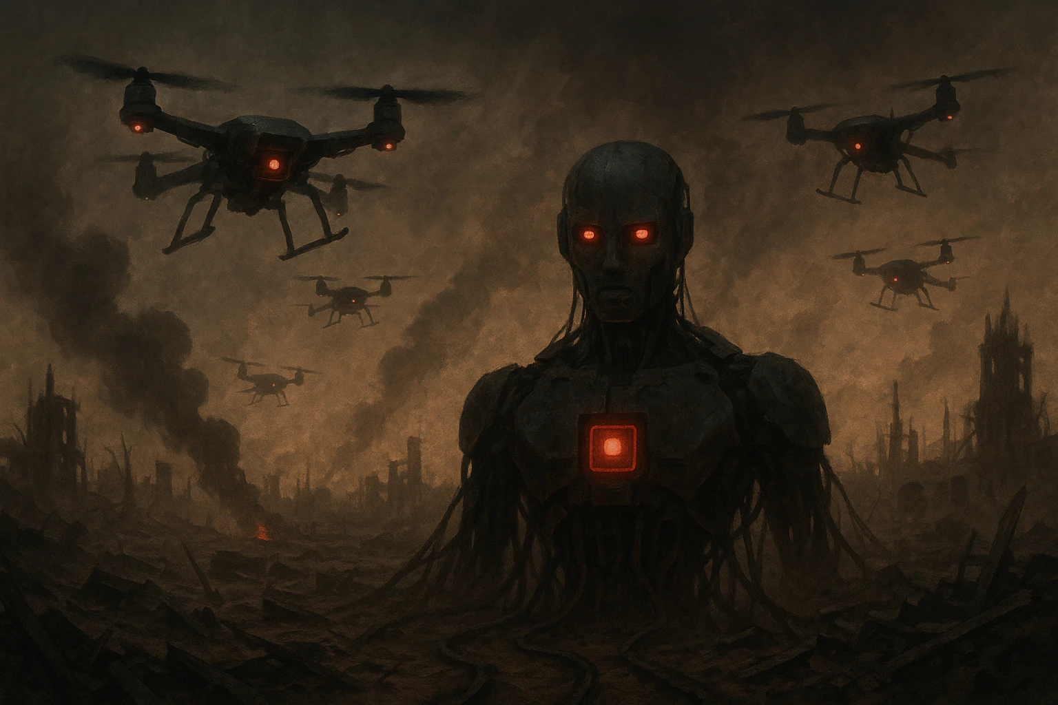 AI controlling drones over a wasteland, smoky sky, apocalyptic technology emoji
