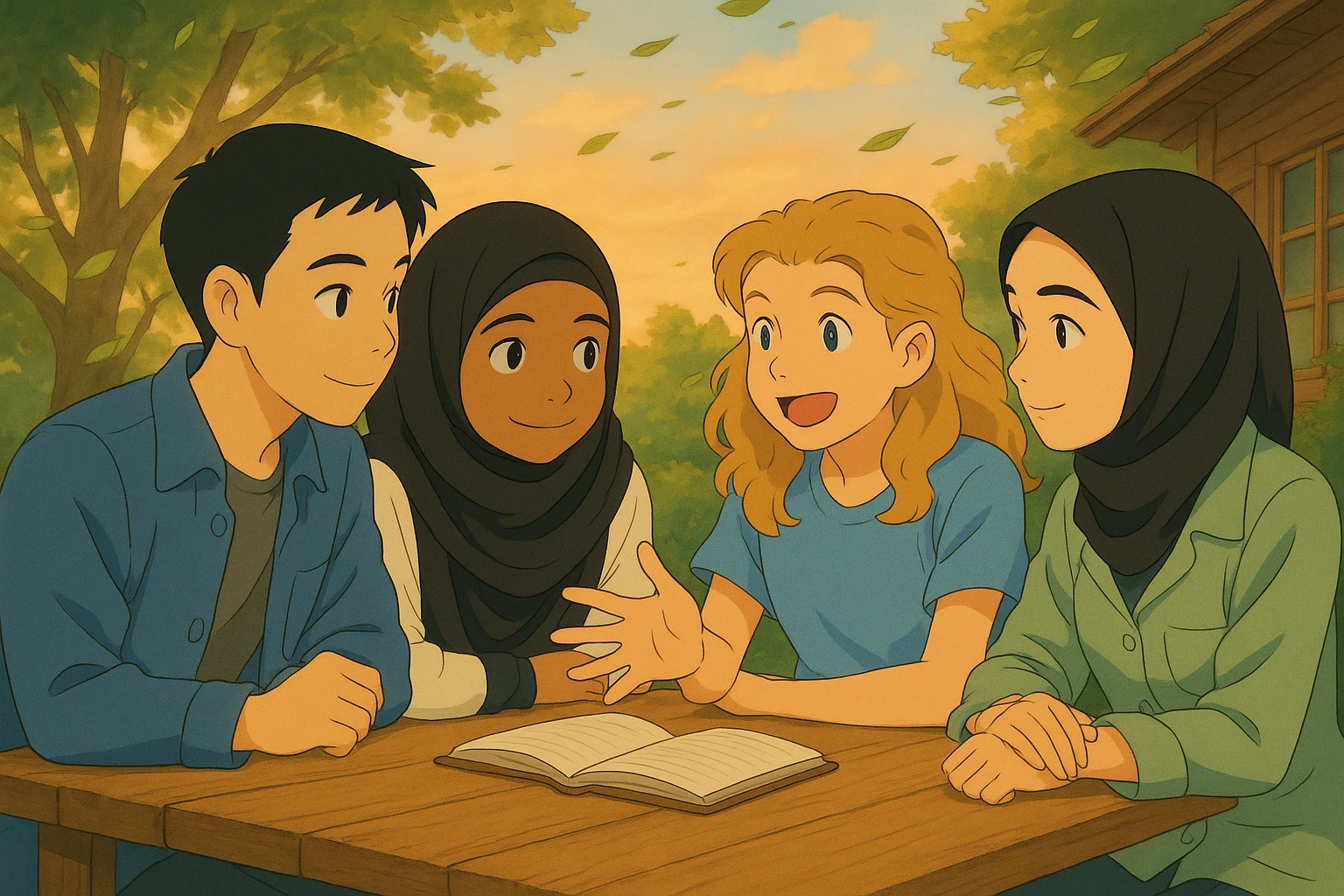 The wind is blowing through the trees in the background, causing the leaves to move, but the background must remain exactly the same as the reference image. emoji
