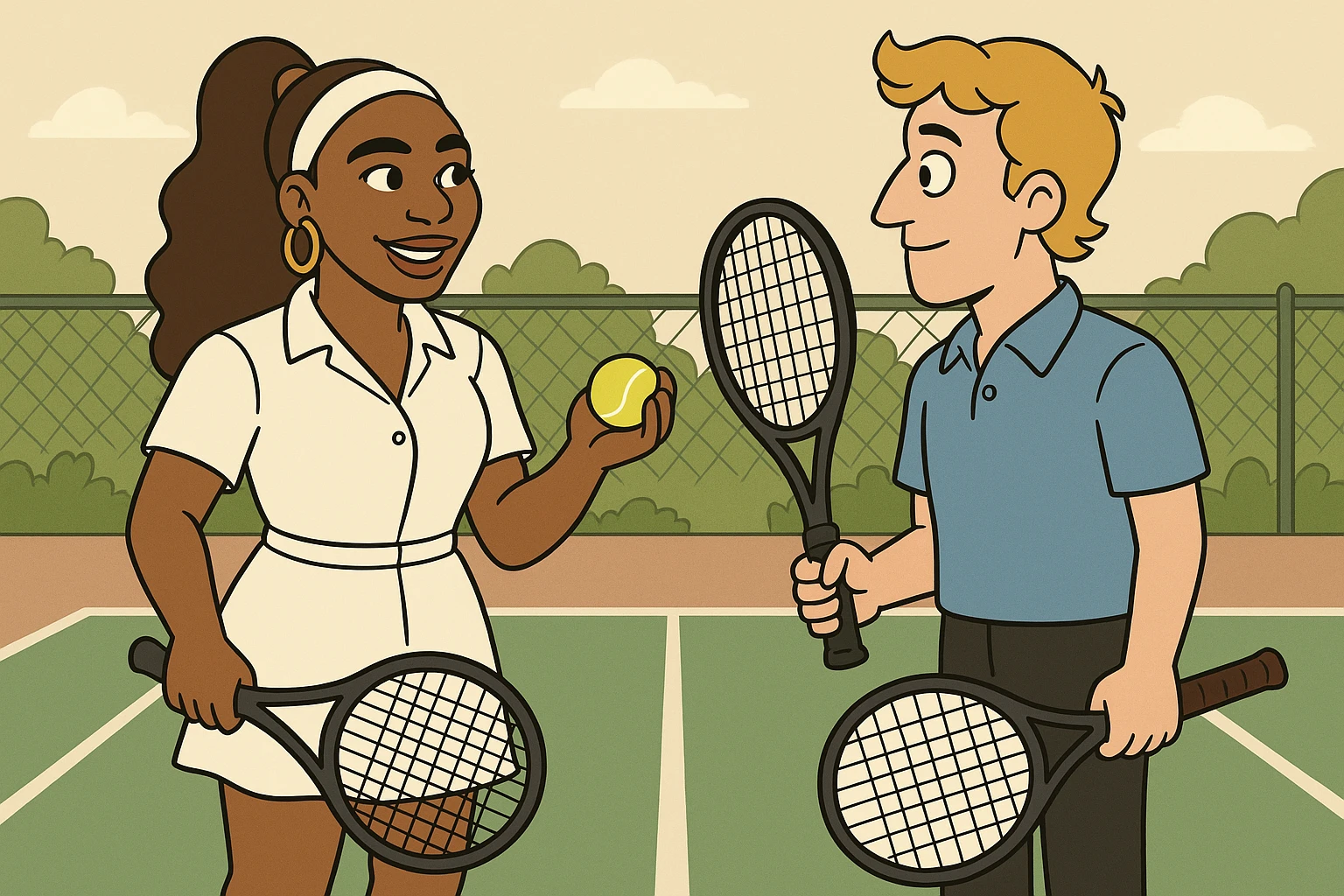 Serena Williams white shirt dress tennis racket one ball tennis a man dark yellow hair blue shirt black trousers tennis racket tennis court background  emoji