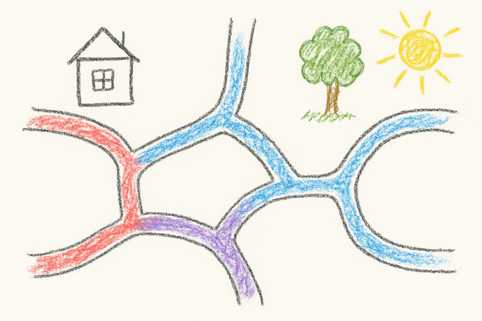 simple road map illustration, top-down view, with winding roads, intersections, and a few landmarks, hand drawn children's illustration style emoji