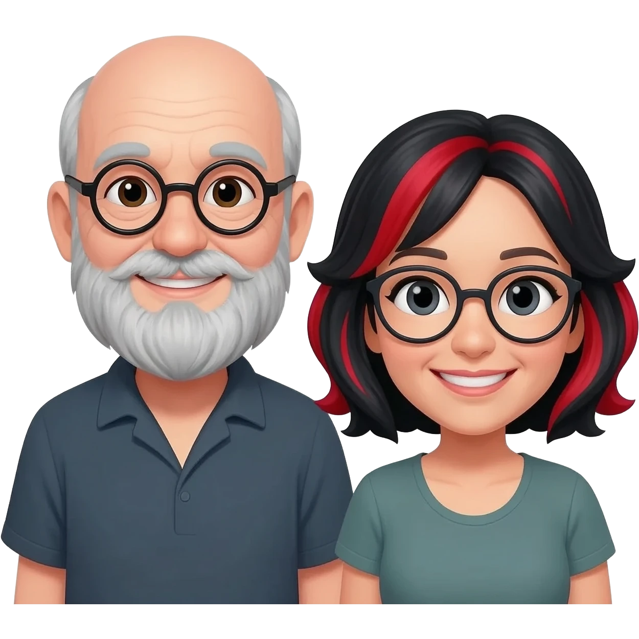 old bald man with gray beard and mustache, and his female lover, who has black hair with red streaks, and they both wear glasses emoji
