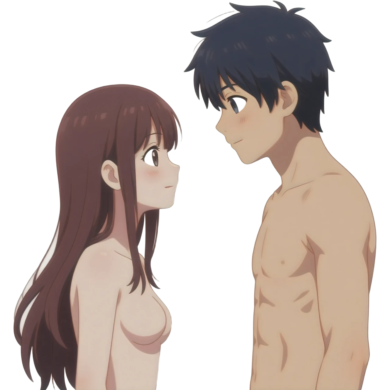 Anime girl long hair and anime boy see each others  completely nude body emoji