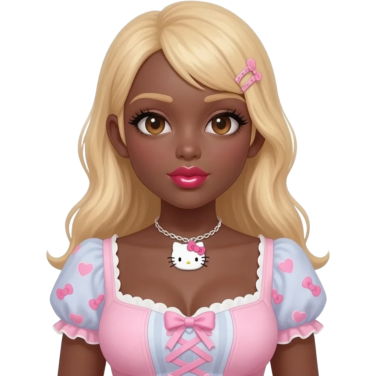 heart shaped lips, cute glossy lips, doll eyes with long lashes, dark brown skin, blonde hair, big chest, hello kitty necklace, one bow clip, bimbocore outfit emoji