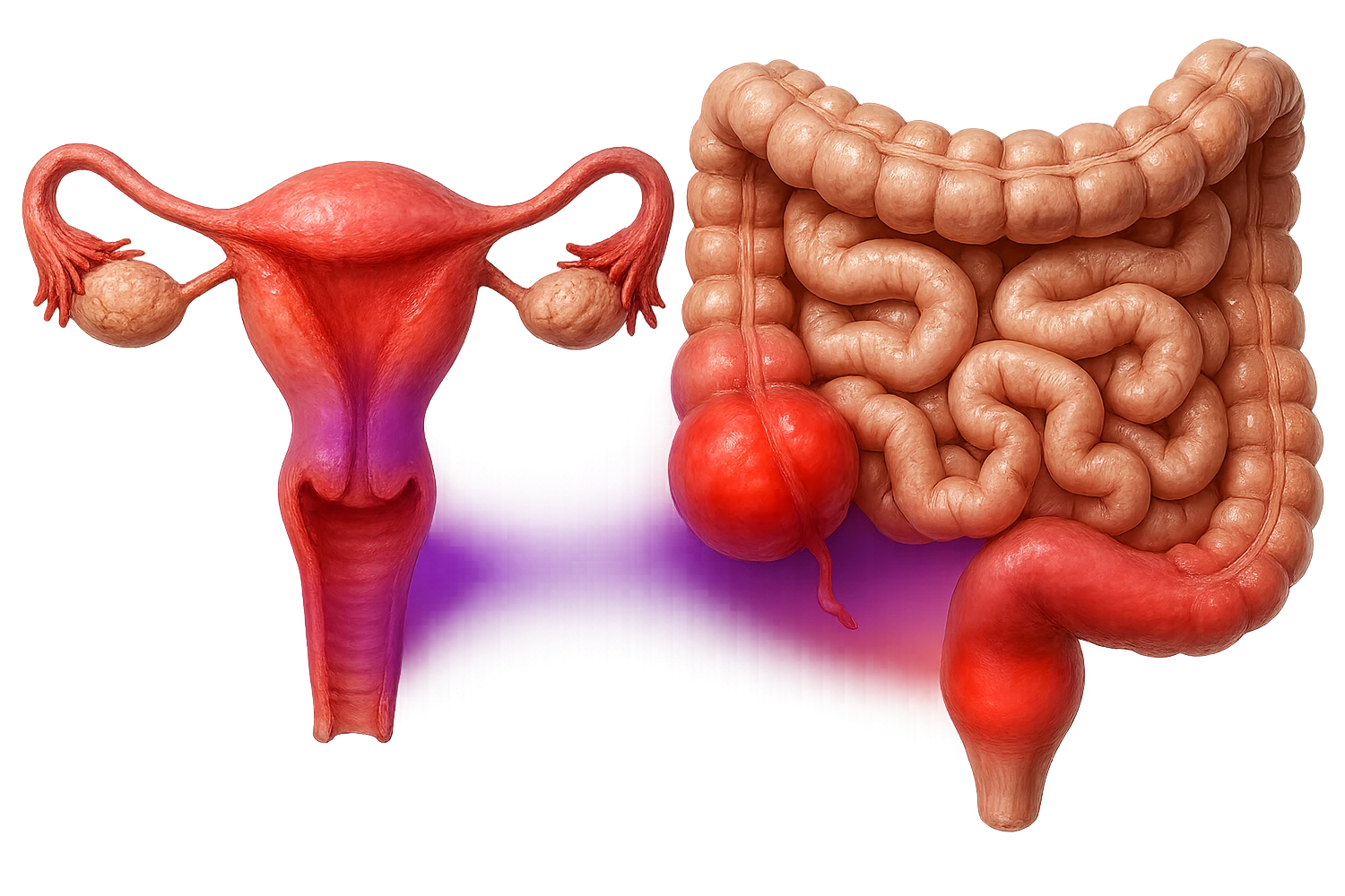utero umano anatomico iperrealistico e intestino umano anatomico iperrealistico hanno in comune il dolore e l'infiammazione, rendi bene il collegamento tra i due organi doloranti, falla iperrealistica, non disegnata, fai colori che si adattano a questo viola #971ef1 emoji