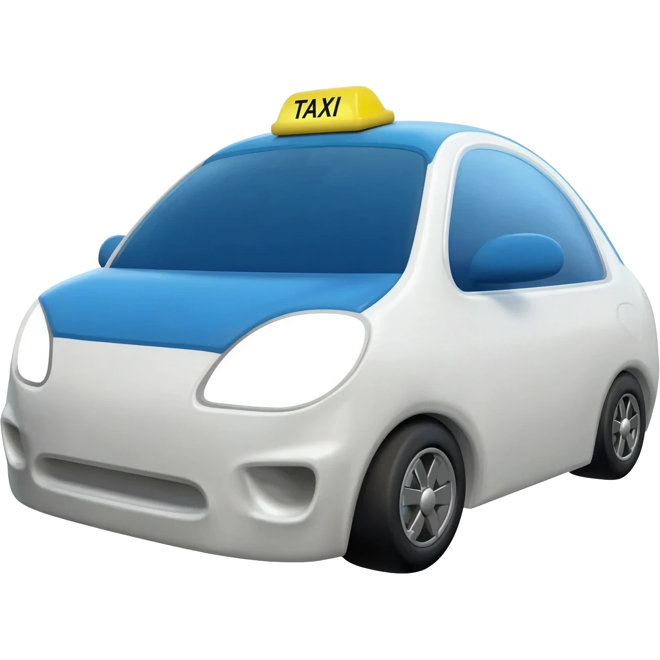 A small white  taxi car with a bright blue roof and white side panels, yellow taxi sign on top,  modern sedan design, black tires, silver rims, front three-quarter view, soft shading, emoji