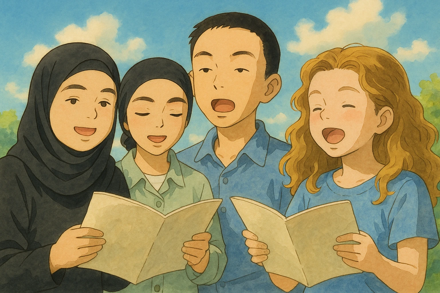 Create a warm cover in the Ghibli style featuring four students singing together in a friendly and bright atmosphere. No text or title. The background should be soft and harmonious, enhancing the warm and amicable mood. emoji