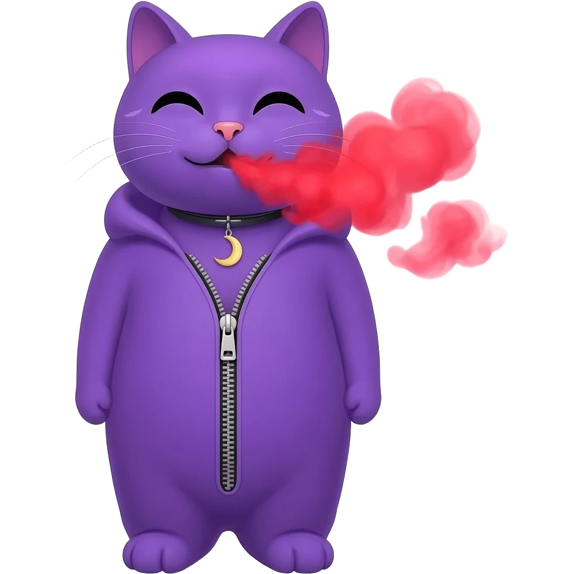 A  fully purple cat spraying red smoke out its mouth with a crisant moon neckless with a zipper on its chest emoji