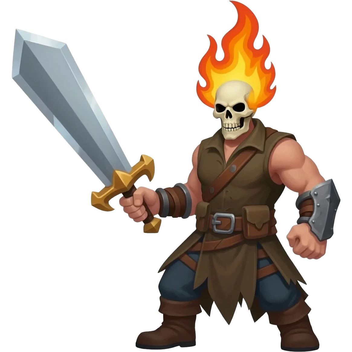 A sprite sheet of a man with a burning skull head swinging a large sword emoji