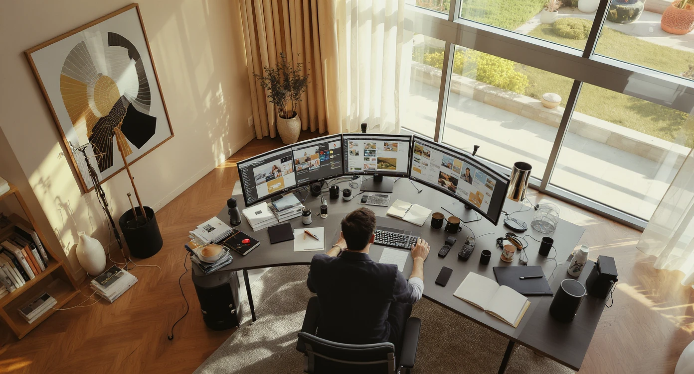 Cinematic shot of a creative director work on tripple display setup PC, top dutch angle, Warm bright vibe, modern clean expensive huge room minimalistic apartament, model is dress like designer, morning, big window, advertising vibe, captured on arri alexa emoji