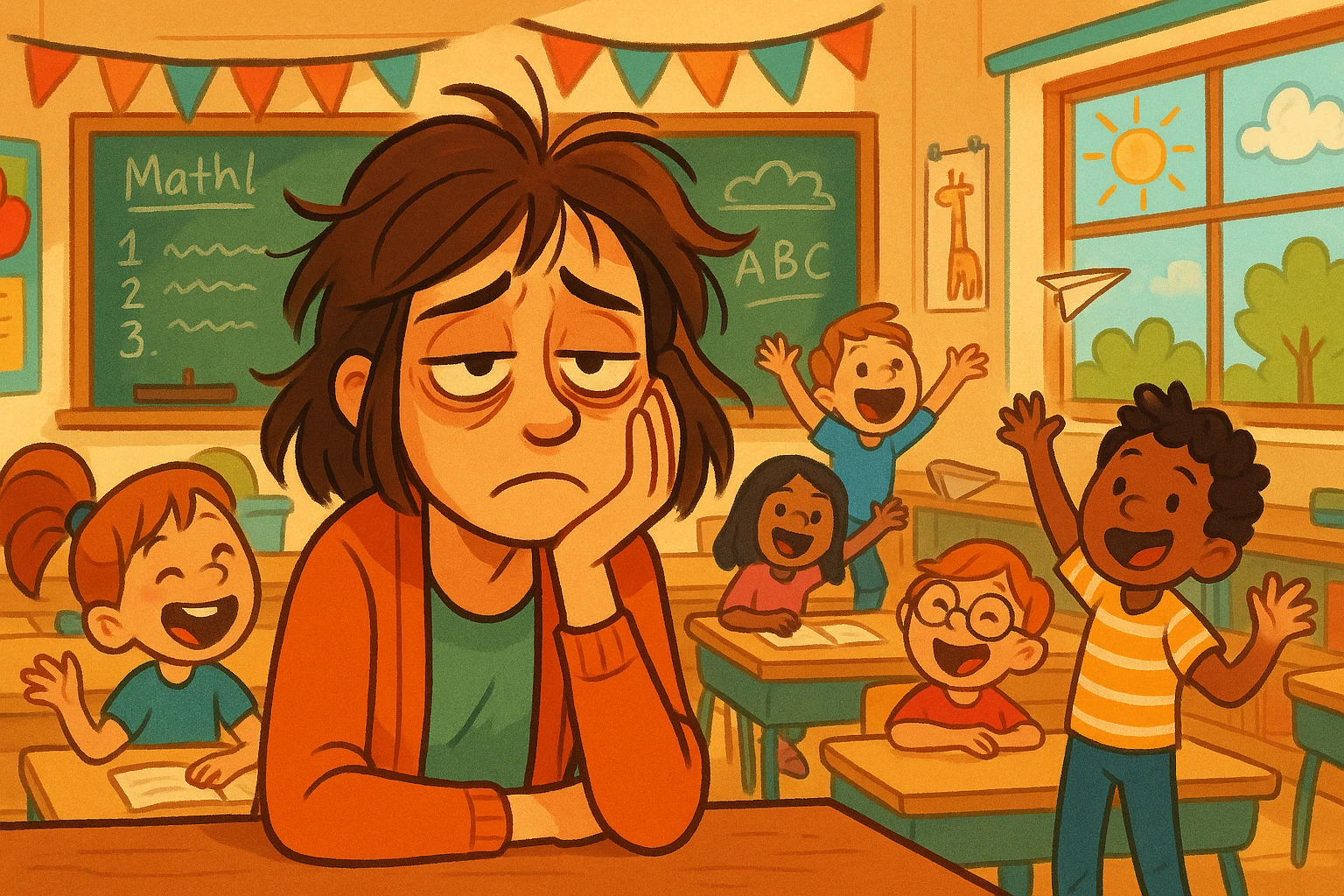 digital cartoon art of a exhausted teacher in a bustling classroom emoji