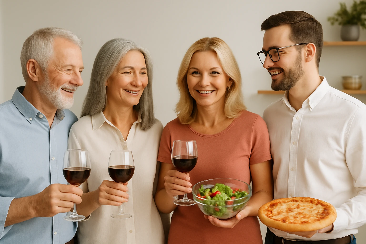 сгенерируй 1 в 1 как на картинке, но убери хлеб из руки человека в белой рубашке, убери руку вниз параллельно телу emoji