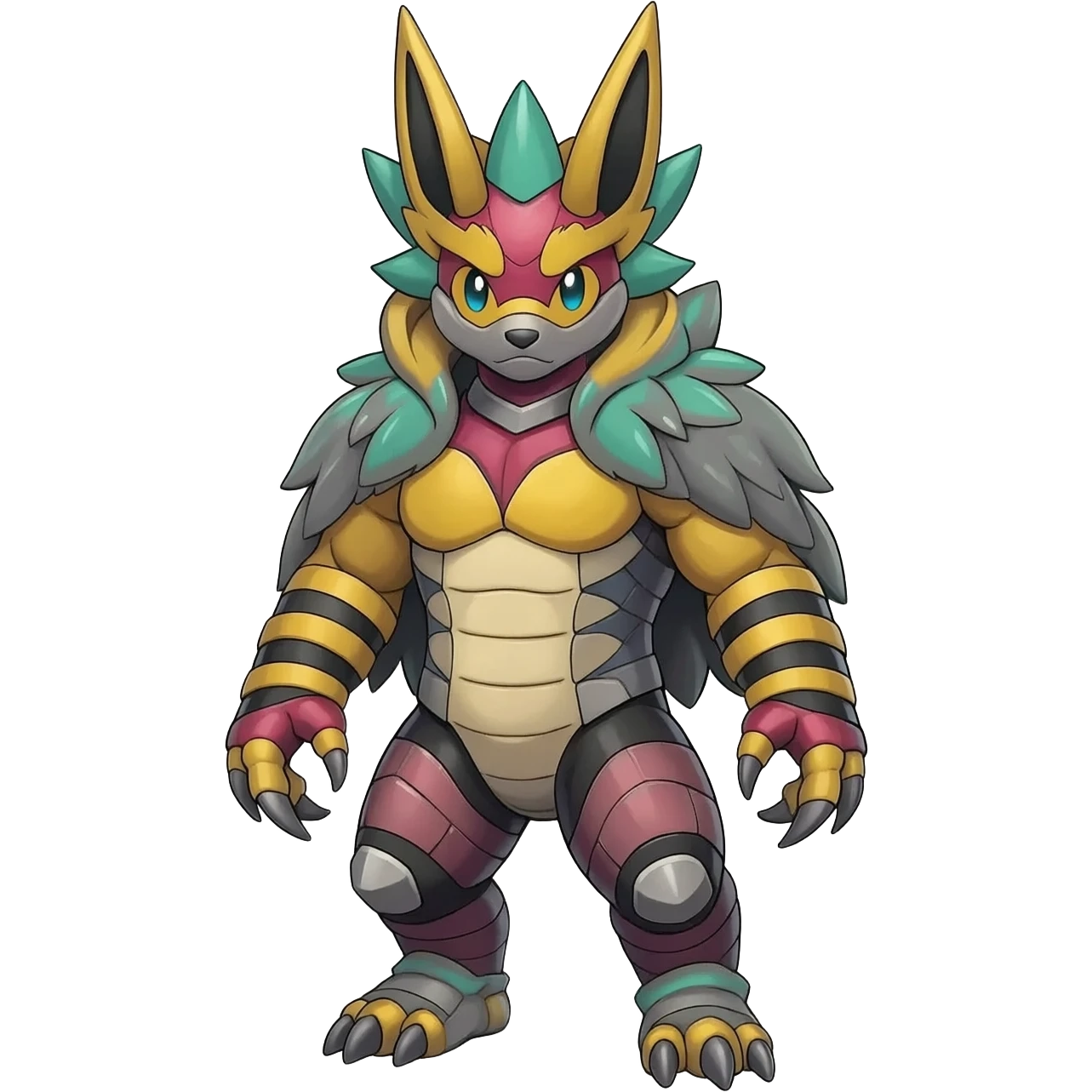 Colorful masked armored leathery scaly furry Meloetta-Manectric-Solgaleo-Raikou-Pokémon-Digimon-Fakémon-fusion-hybrid-creature emoji