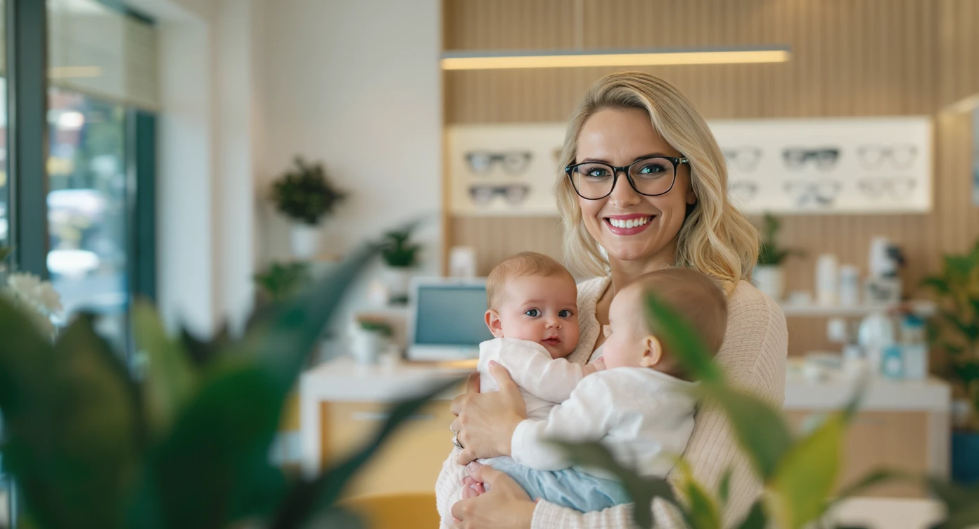 Cinematic still, blurred plants in the foreground (close to the camera), Proffesional advertising of a smiling european white woman with glasses smiling holding baby, minimalistic ophthalmologist interior in background, leading  lines, "rule of thirds", 60/30/10 colors, soft light, warm colors emoji